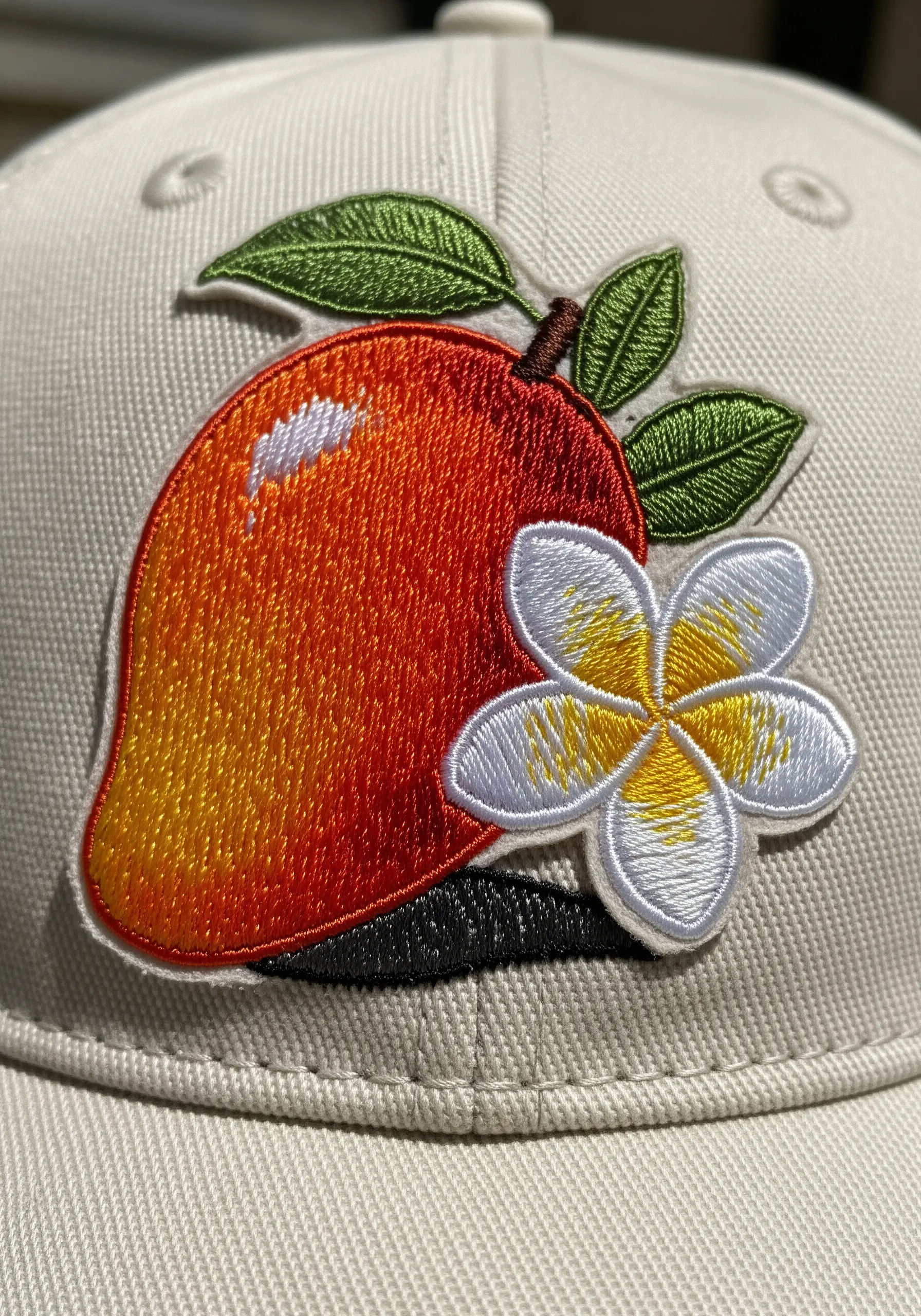 A mango and a plumeria flower embroidered on a white baseball cap with a thick outline.