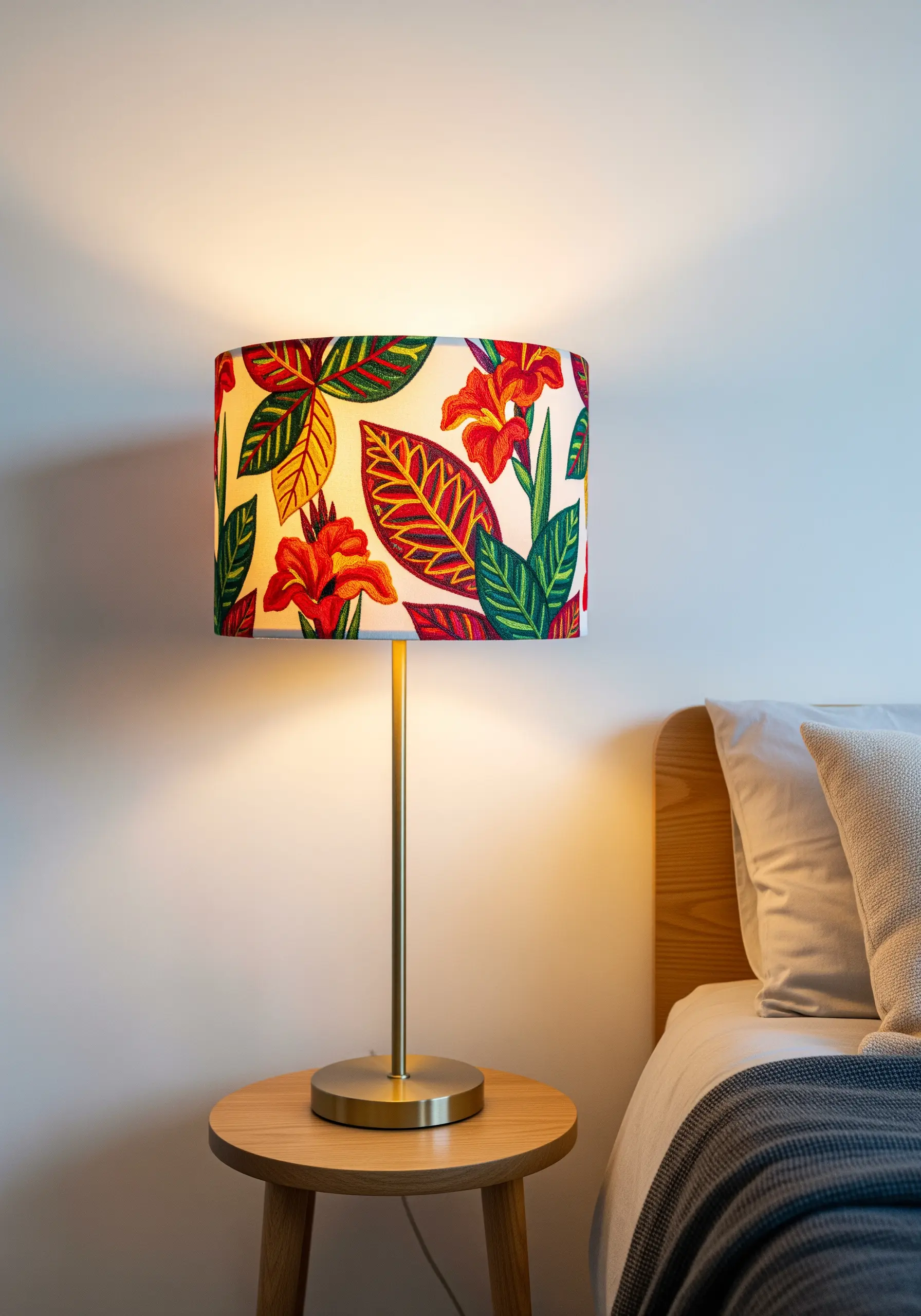 A colorful, densely embroidered lampshade with tropical leaves and flowers lit up in a bedroom.