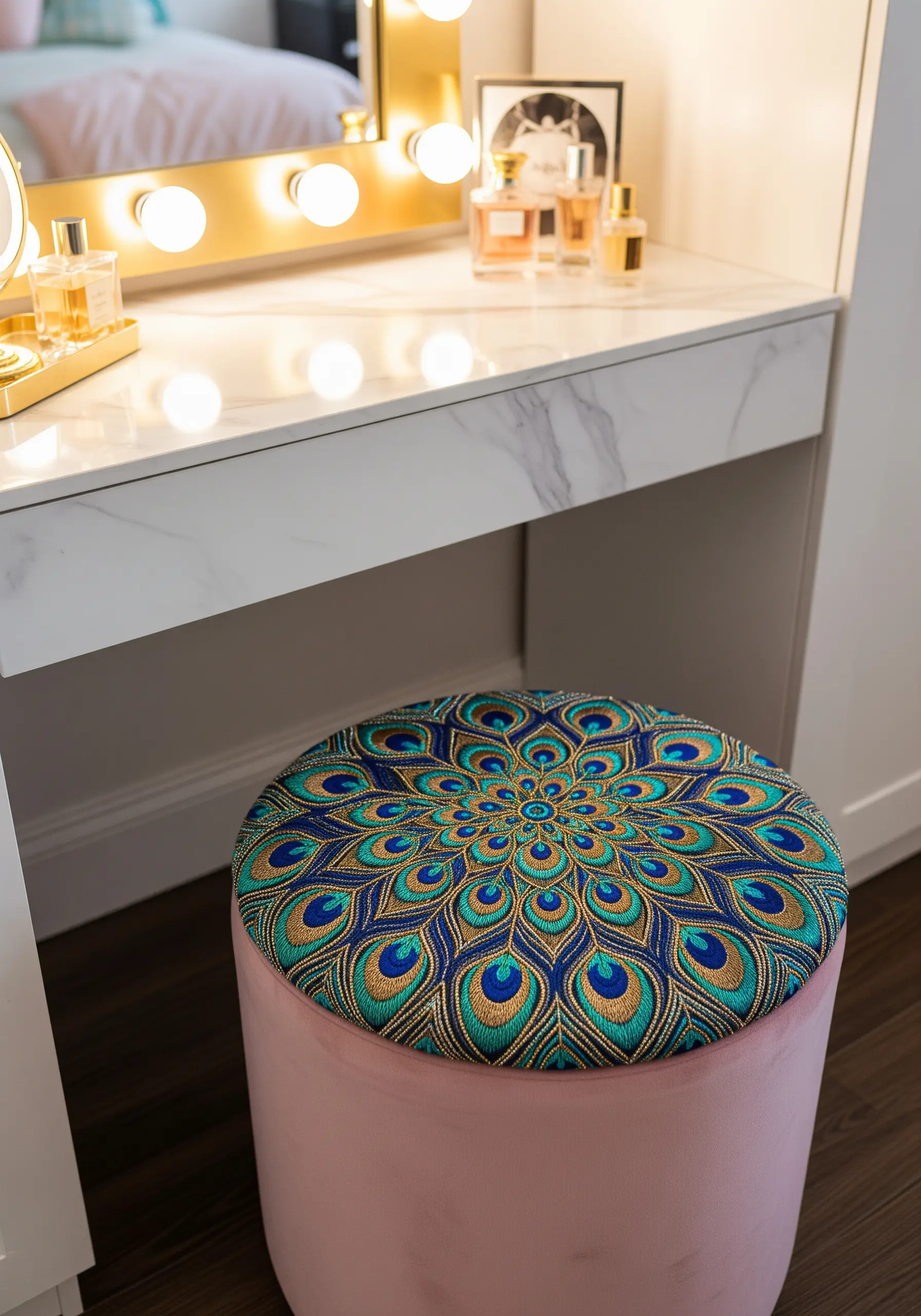 Vanity stool upholstered with a detailed peacock feather mandala embroidery.