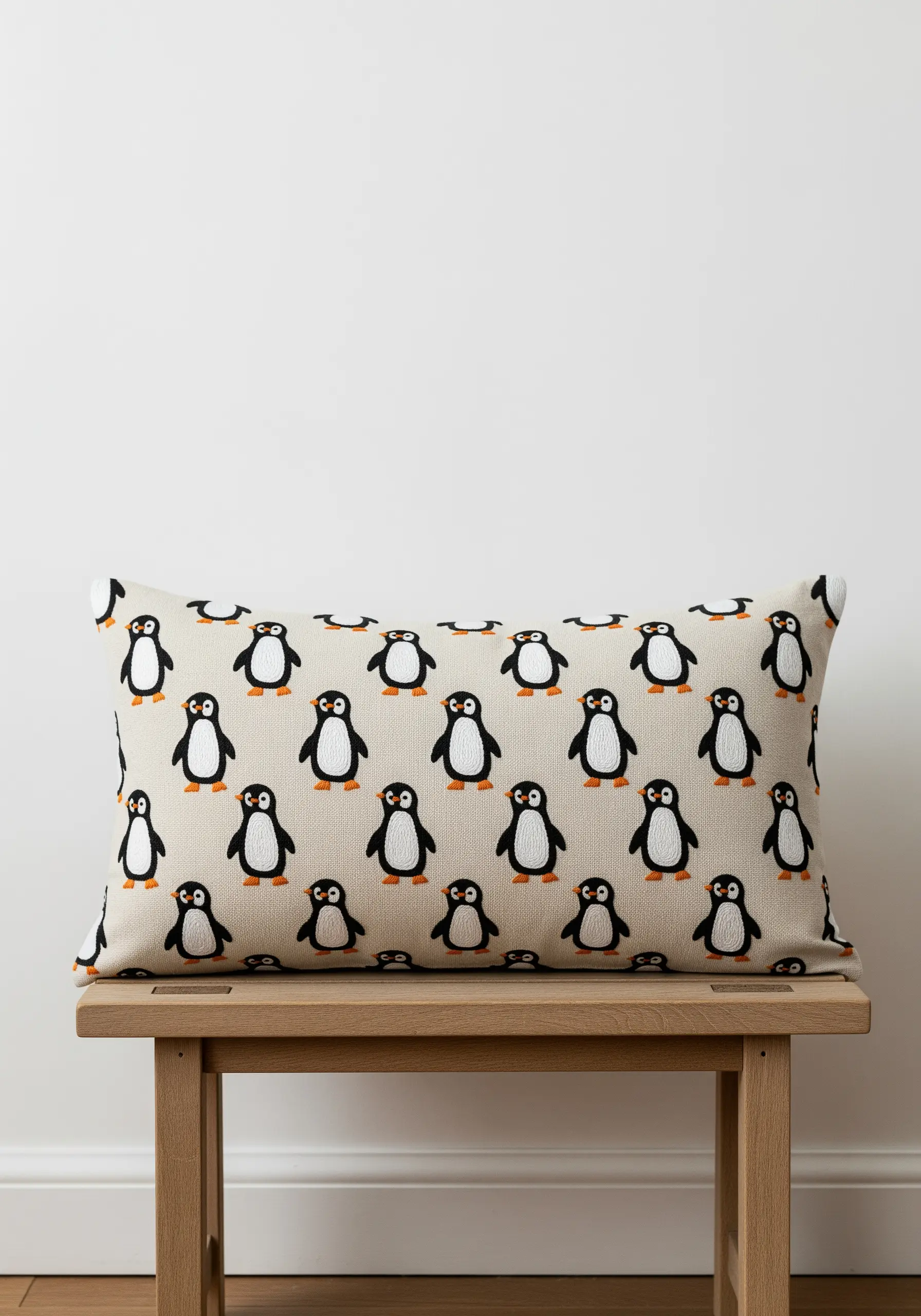 A lumbar pillow with a repeating pattern of small, simple embroidered penguins.