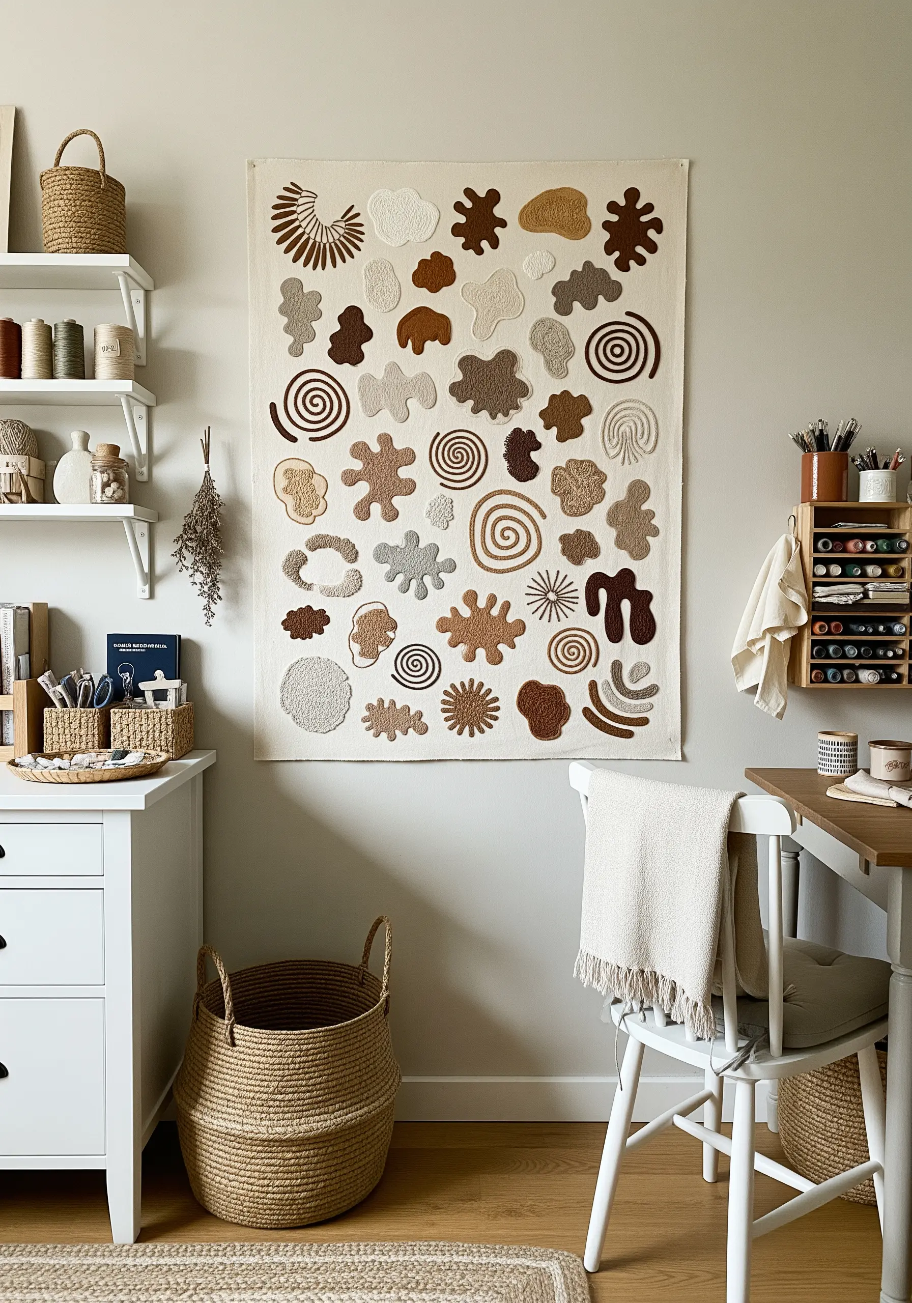 A large wall hanging featuring a variety of abstract organic shapes, each filled with a different texture.