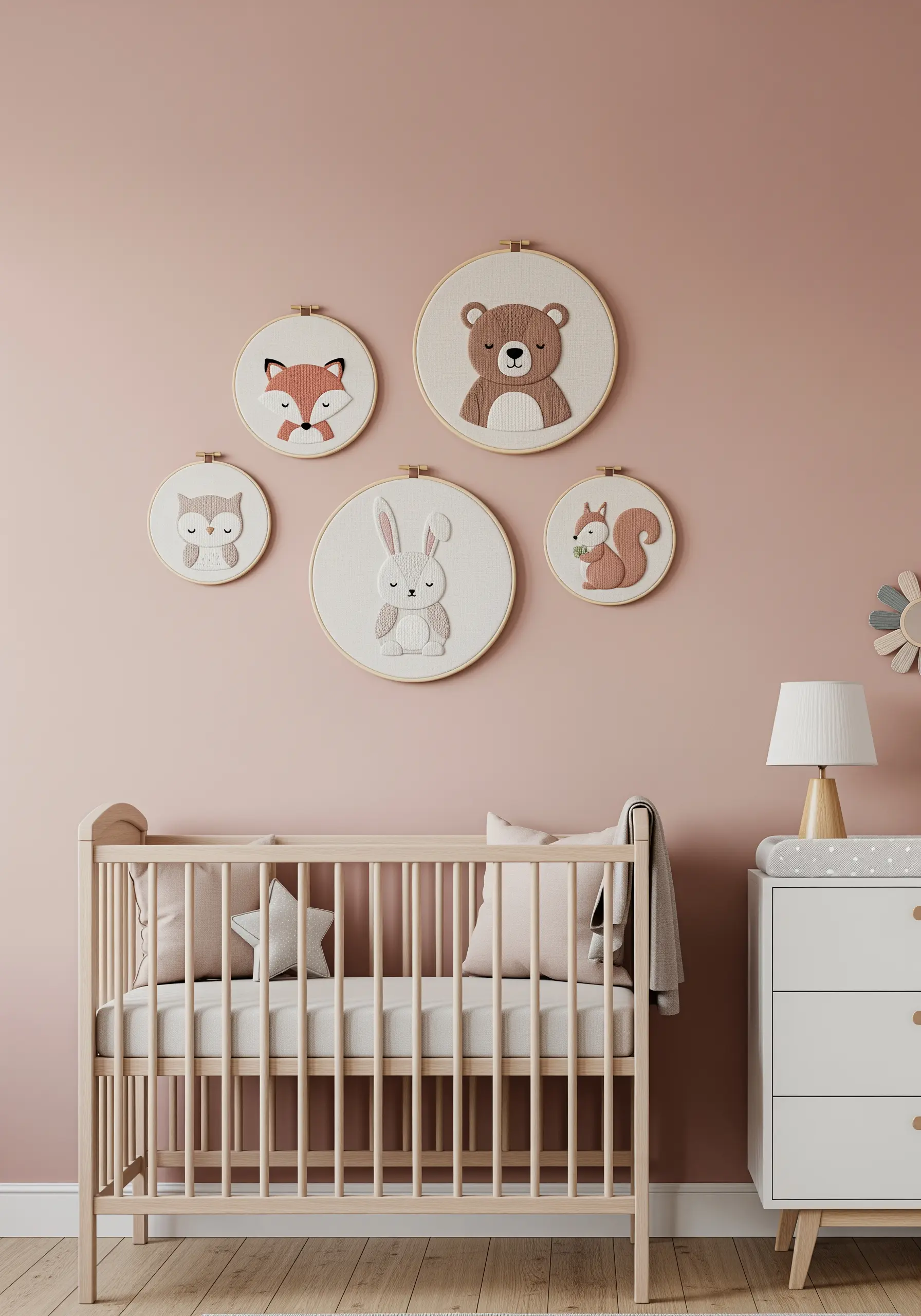 A collection of five embroidery hoops with cute woodland animals for a nursery wall.