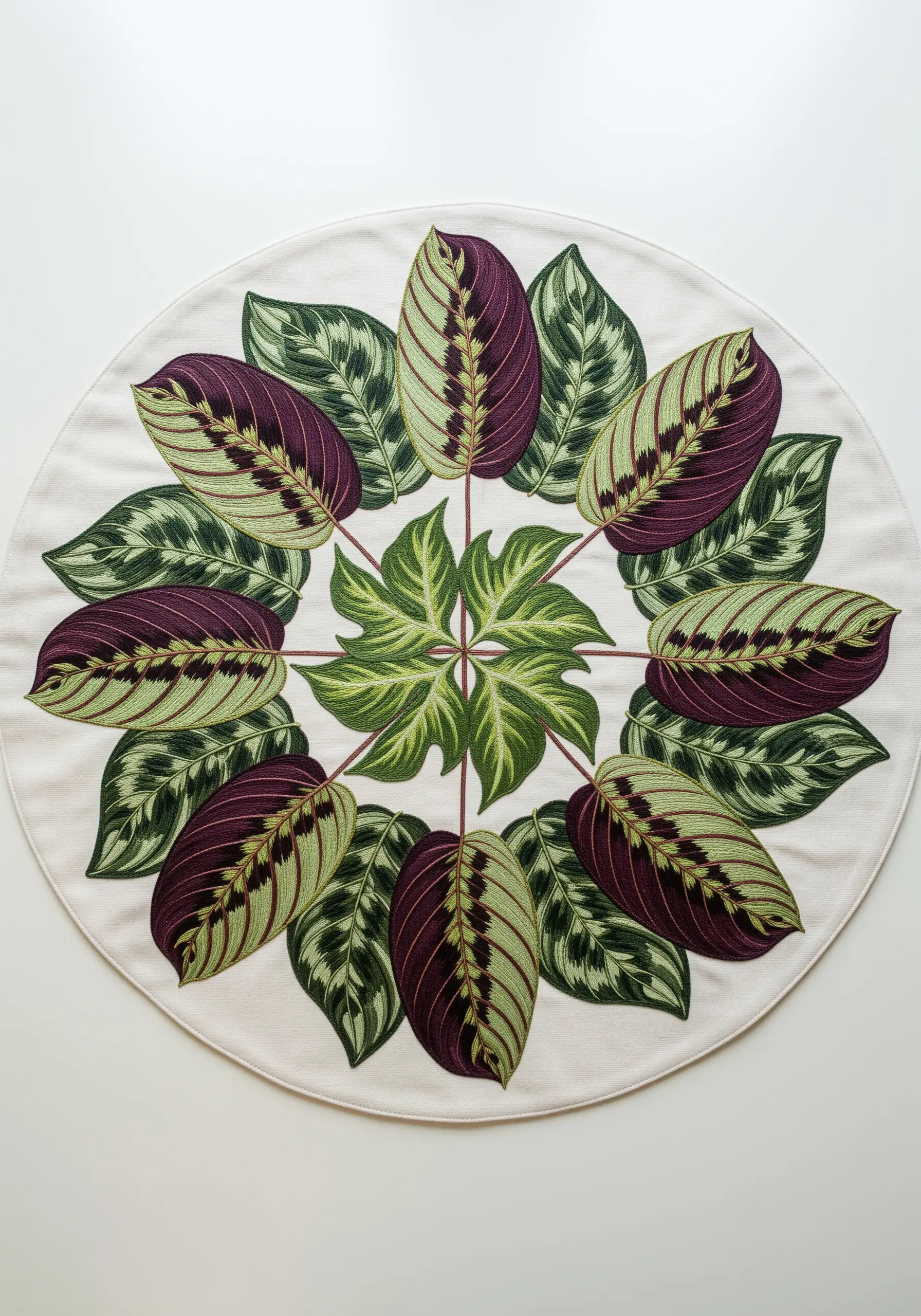 A circular placemat featuring Calathea leaves arranged in a symmetrical, radial mandala pattern.