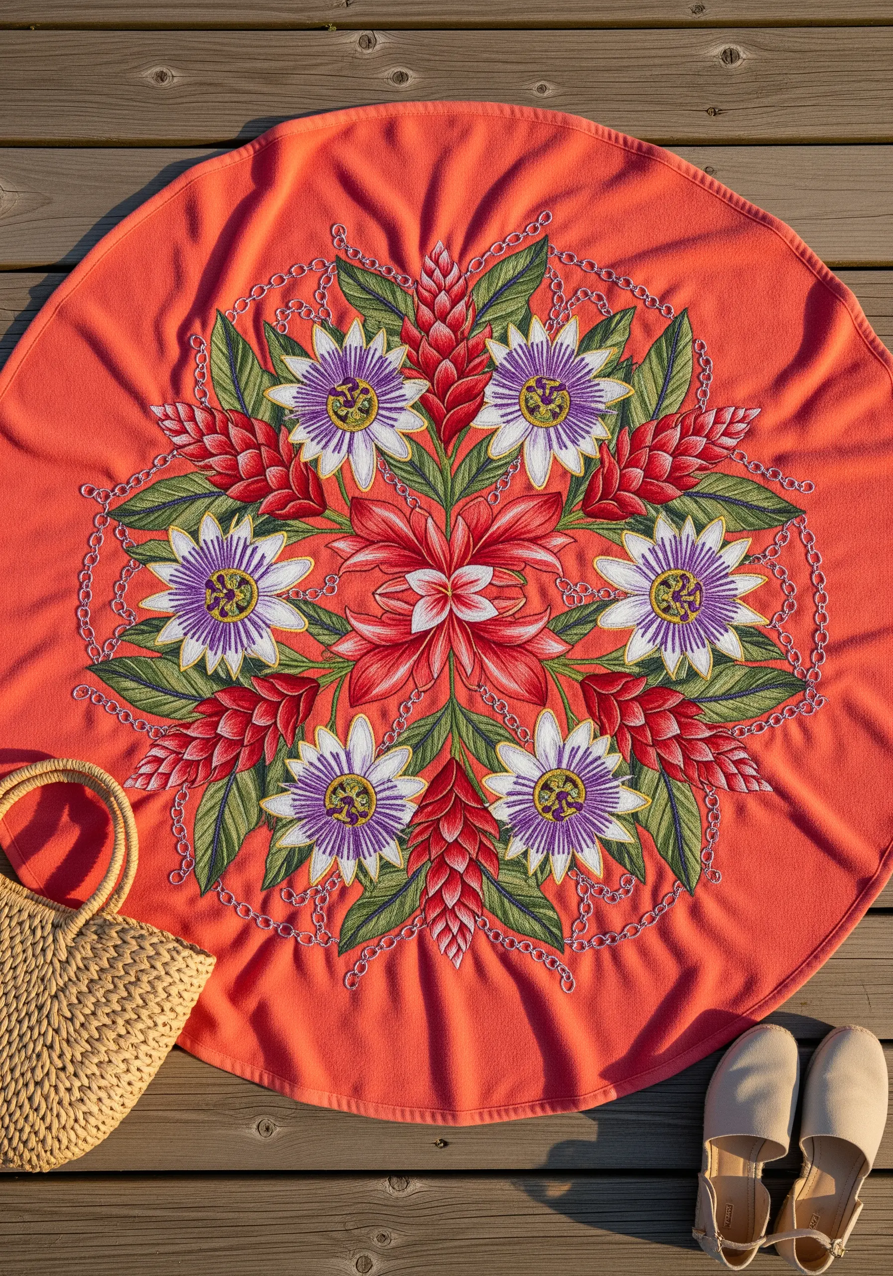 An intricate, circular mandala design with tropical flowers embroidered on a coral-colored round towel.