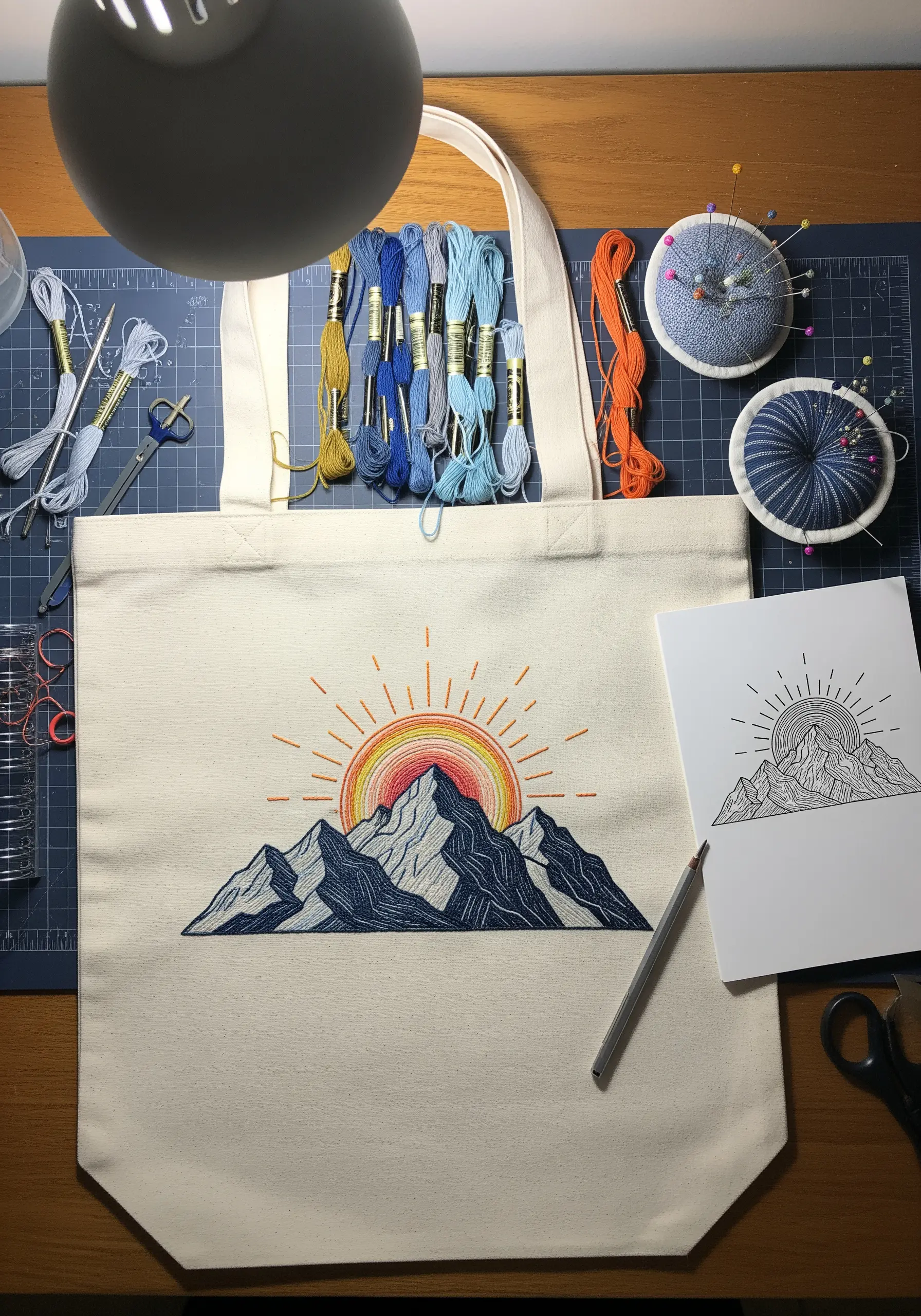 An embroidered mountain range with a gradient sunset on a canvas tote bag.