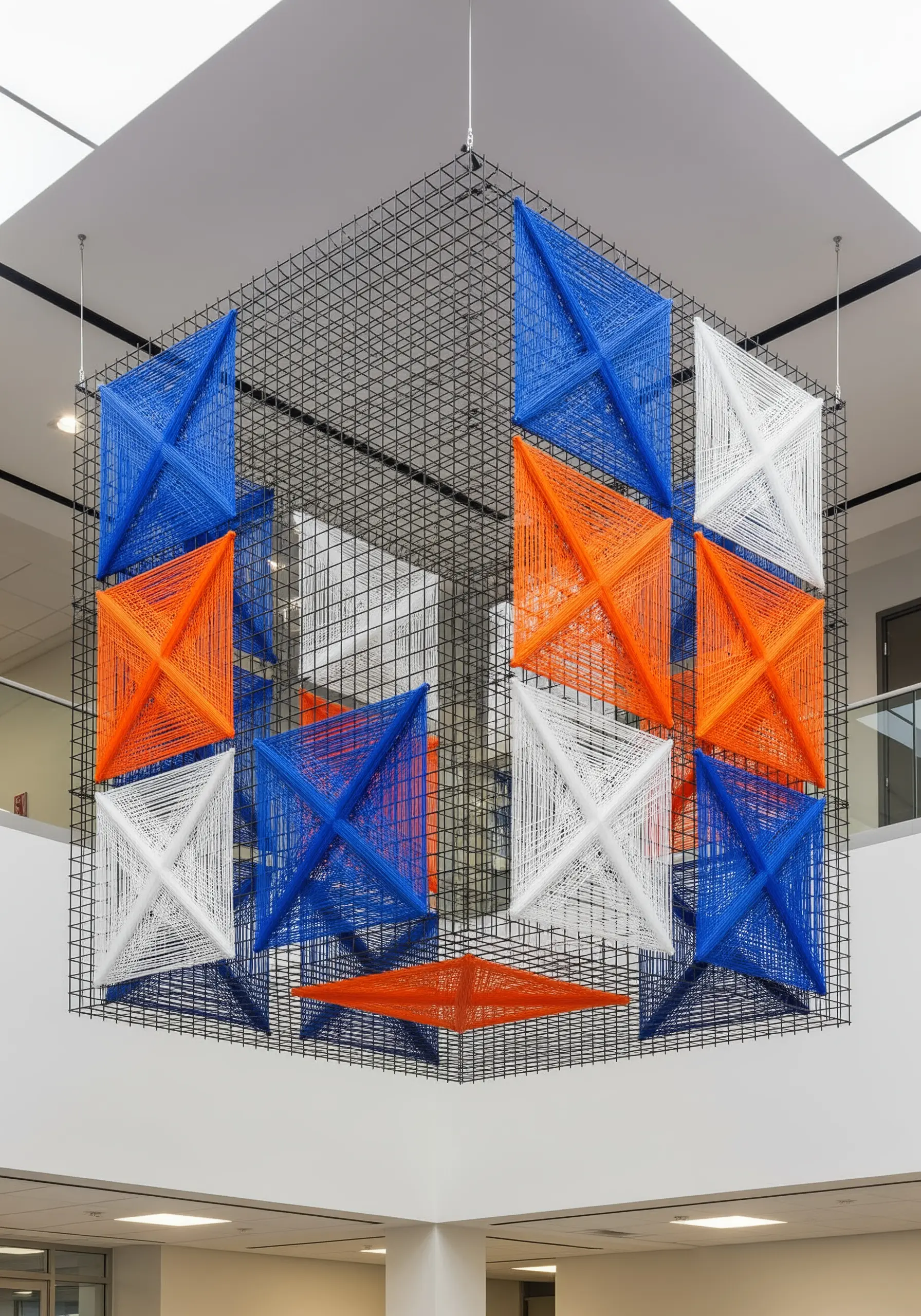 A large wire mesh cube with blue, orange, and white yarn stretched inside to form 3D pyramids.