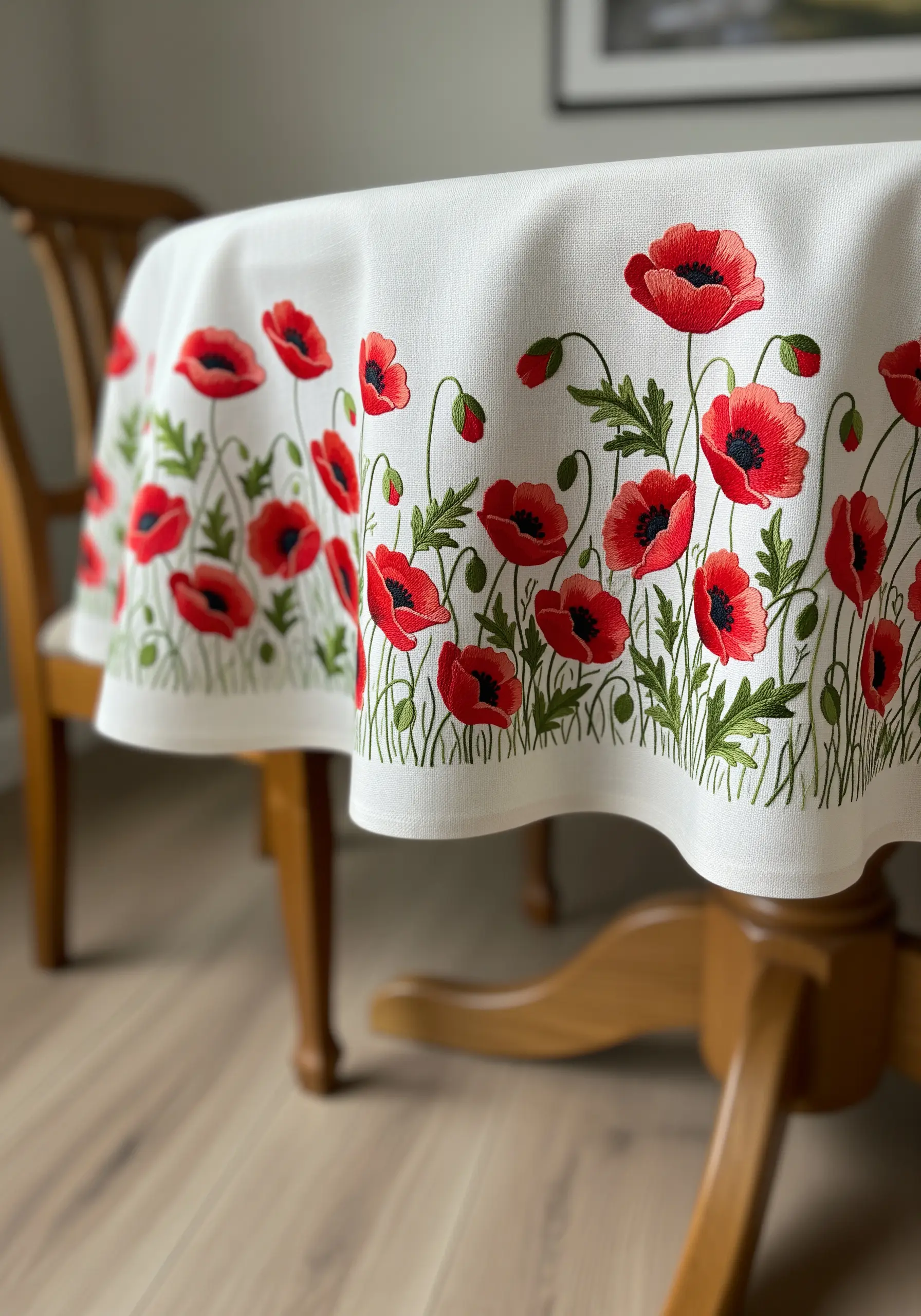 A white tablecloth with a beautifully embroidered border of red poppies.