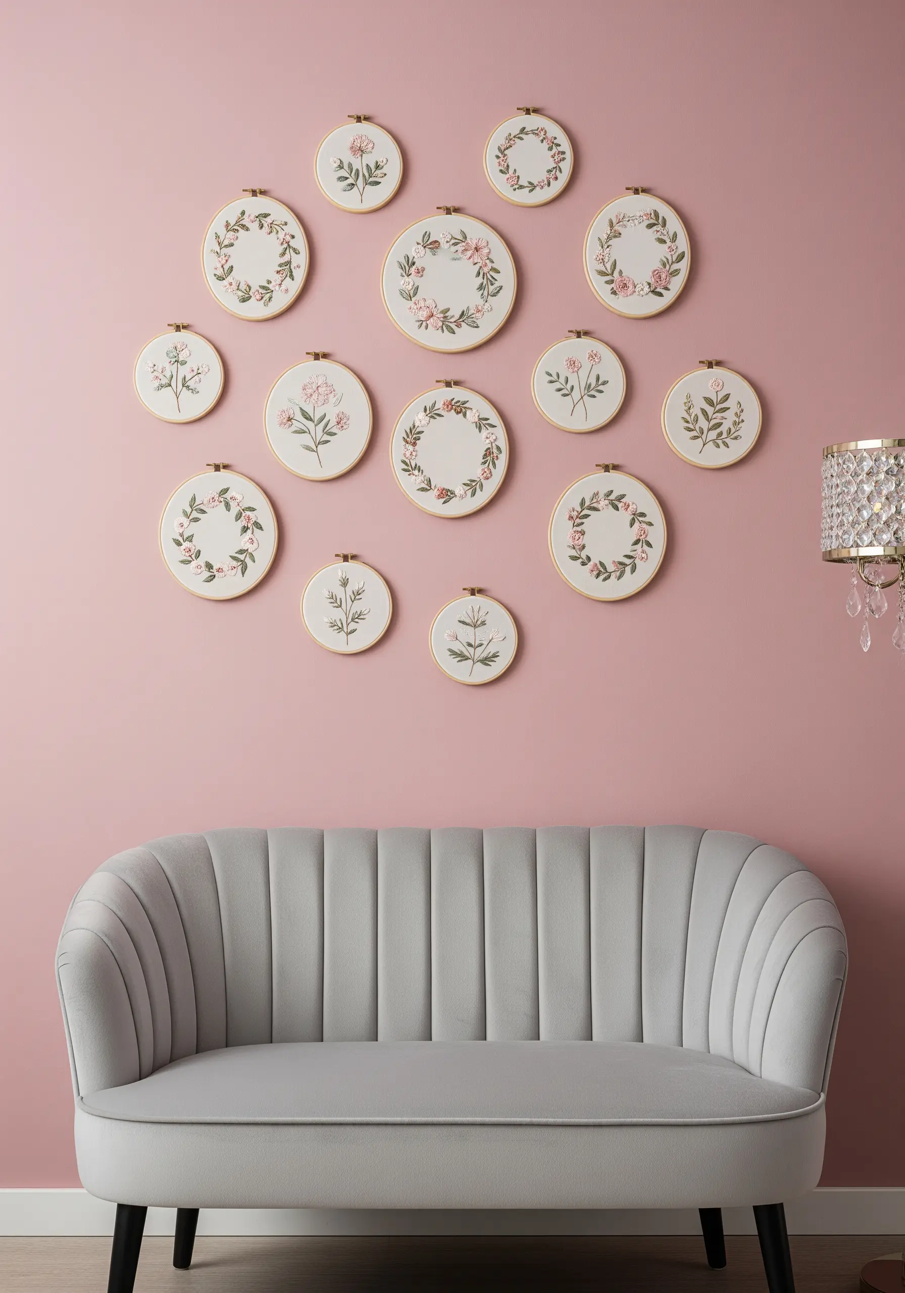 A symmetrical arrangement of embroidery hoops featuring delicate pink and white floral wreaths.