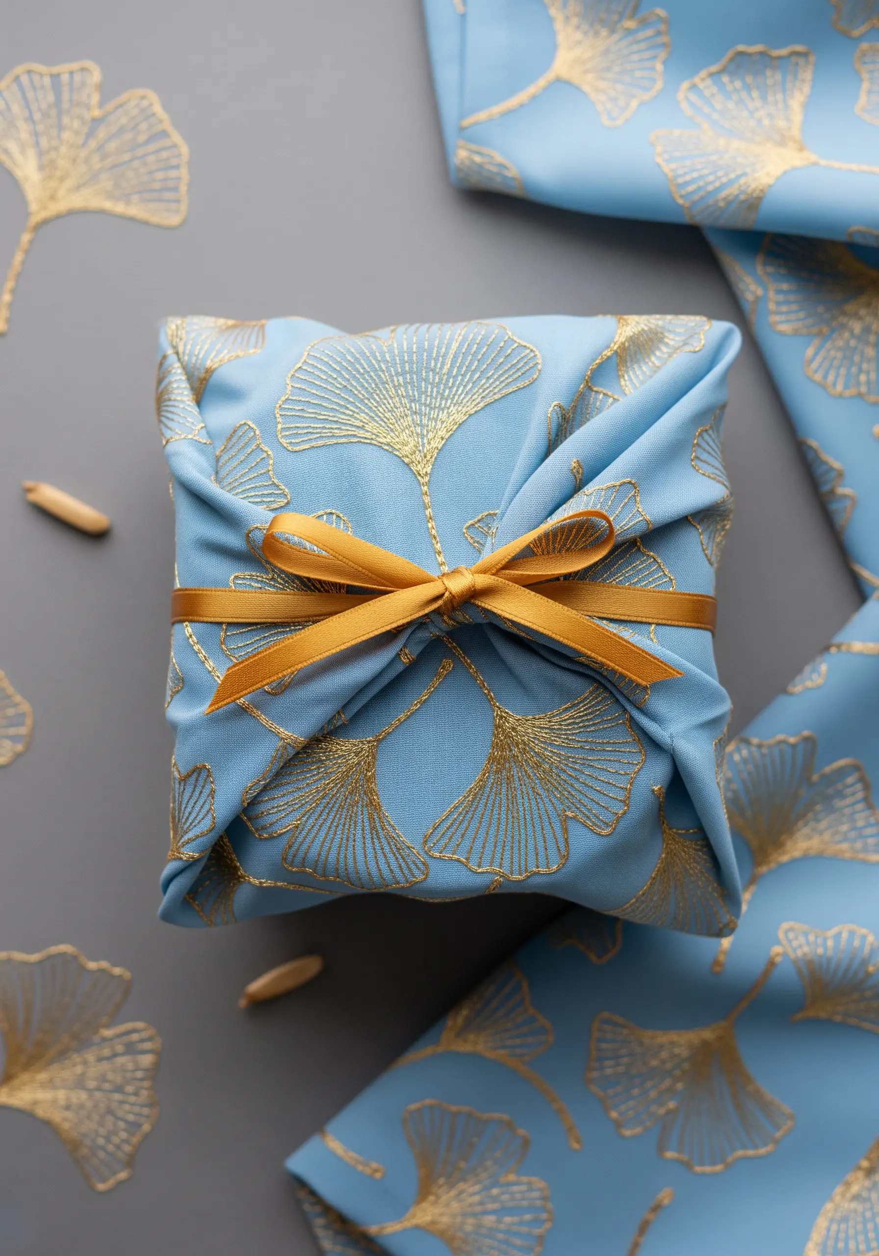 Gold metallic thread ginkgo leaf pattern embroidered on a light blue fabric gift wrap.