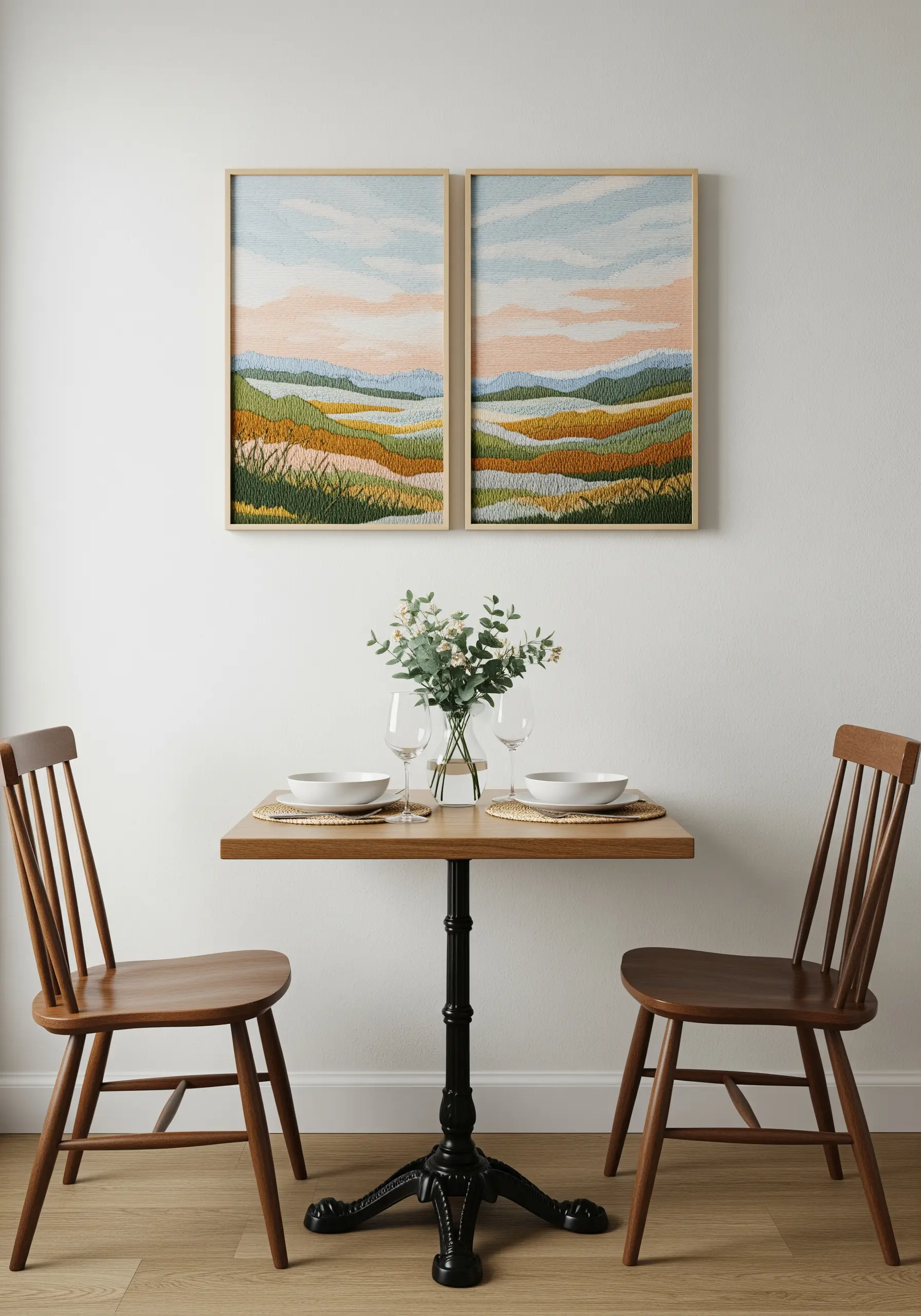A two-panel embroidered landscape of rolling hills, framed and hung above a dining table.
