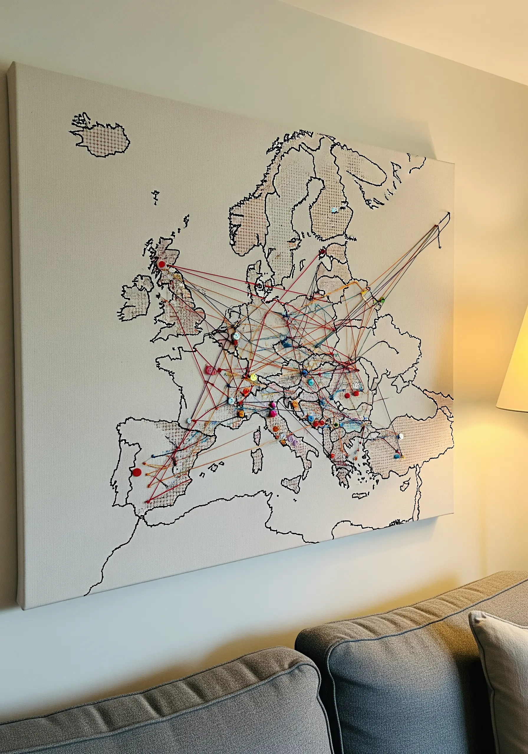 Printed map of Europe on canvas with colorful pins and threads connecting different cities.