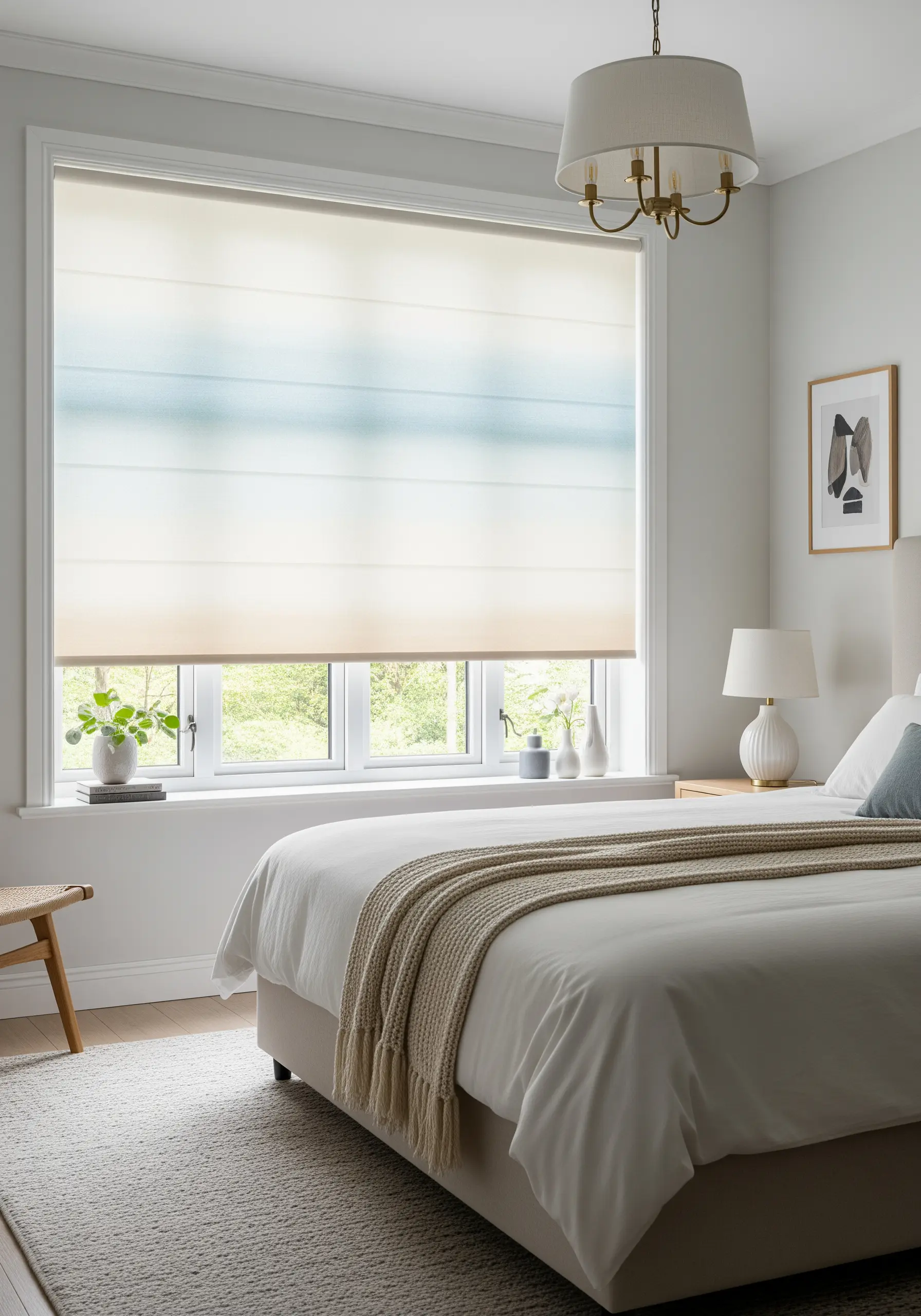 A cream-colored Roman blind with a subtle blue and beige ombré embroidered effect.