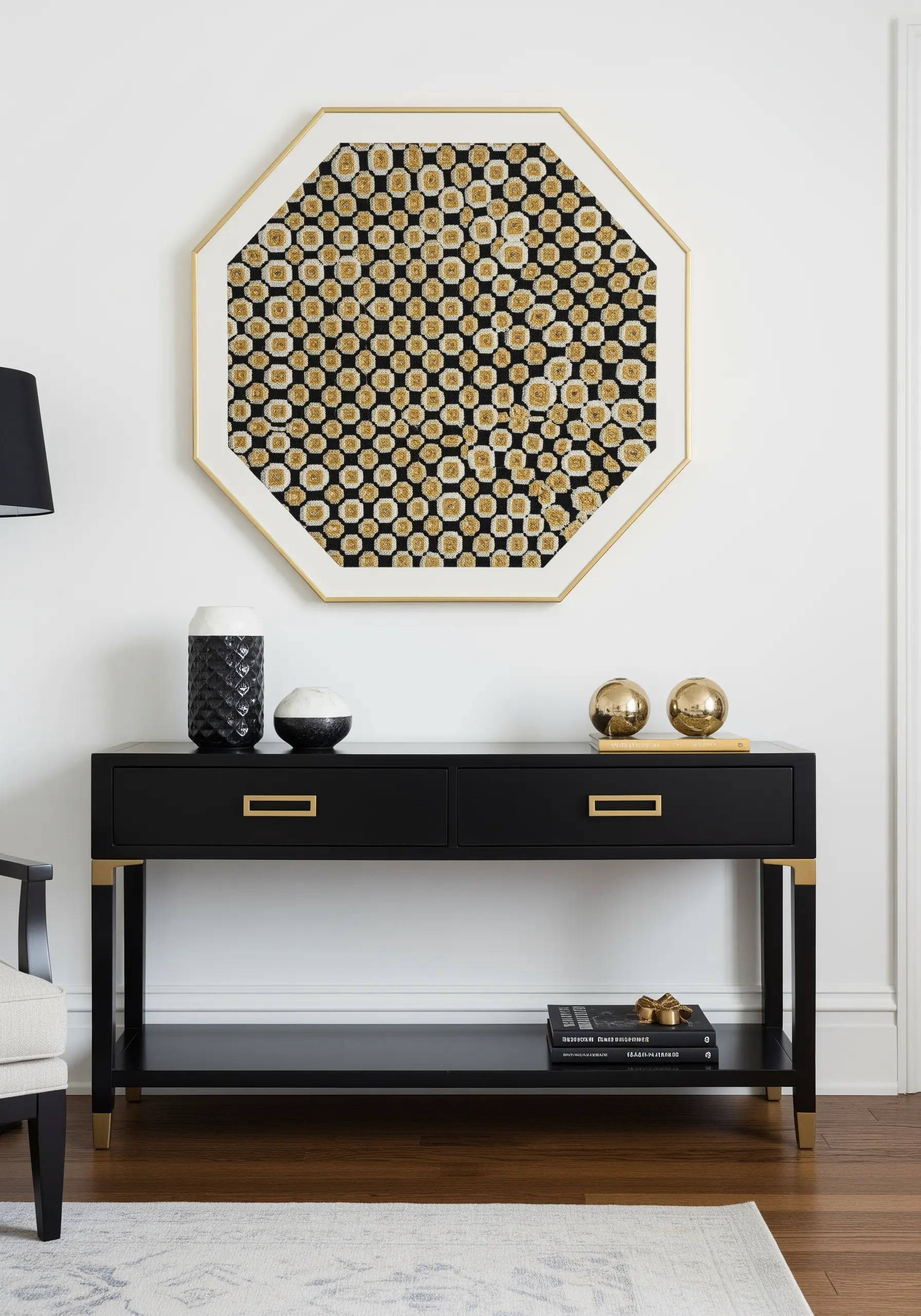Black, white, and gold geometric tile pattern embroidery in an octagonal frame.
