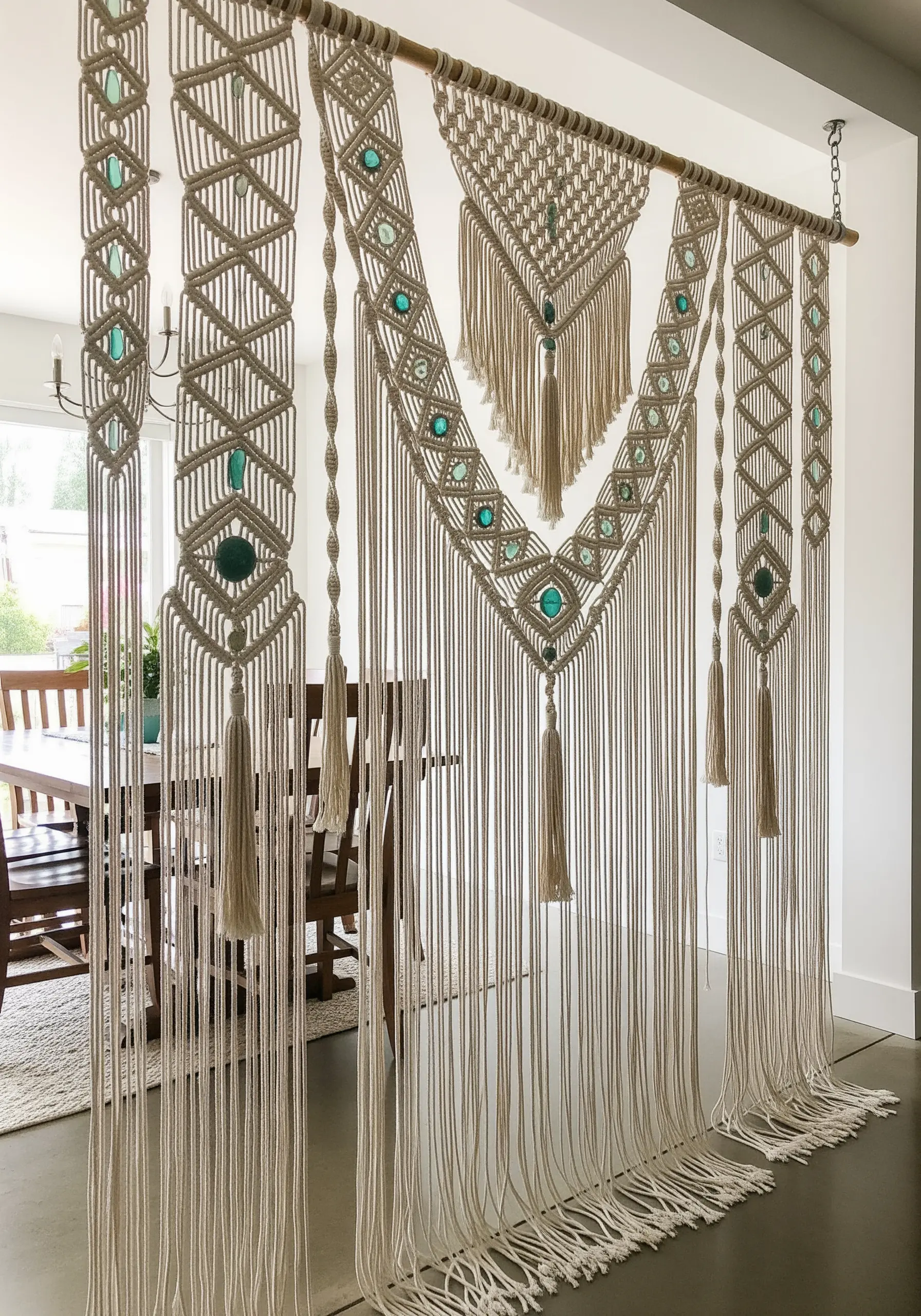 An intricate macrame wall hanging acting as a room divider, with turquoise stones knotted into the design.