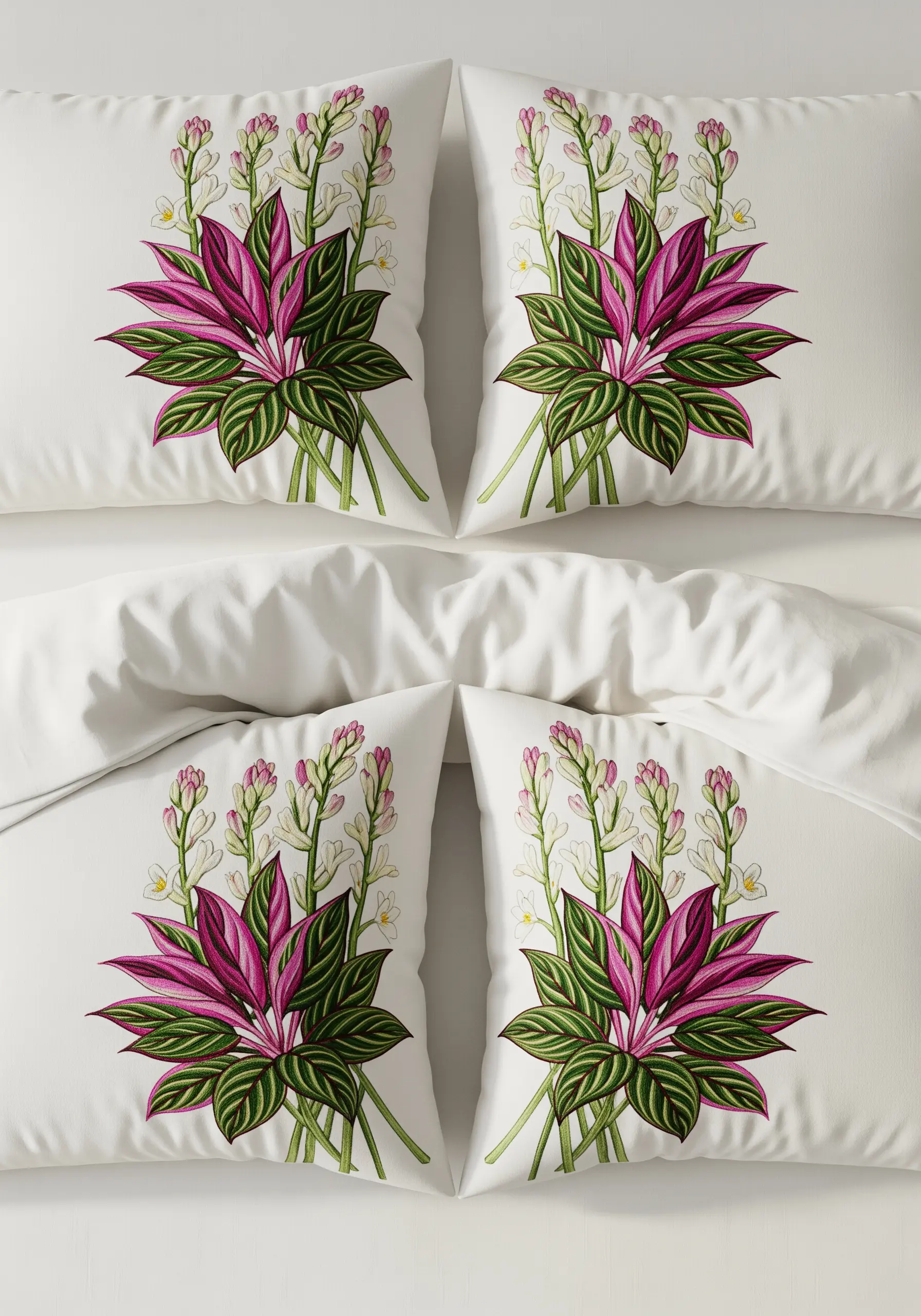 A set of four white pillowcases, each featuring a vibrant embroidered Stromanthe Triostar plant.