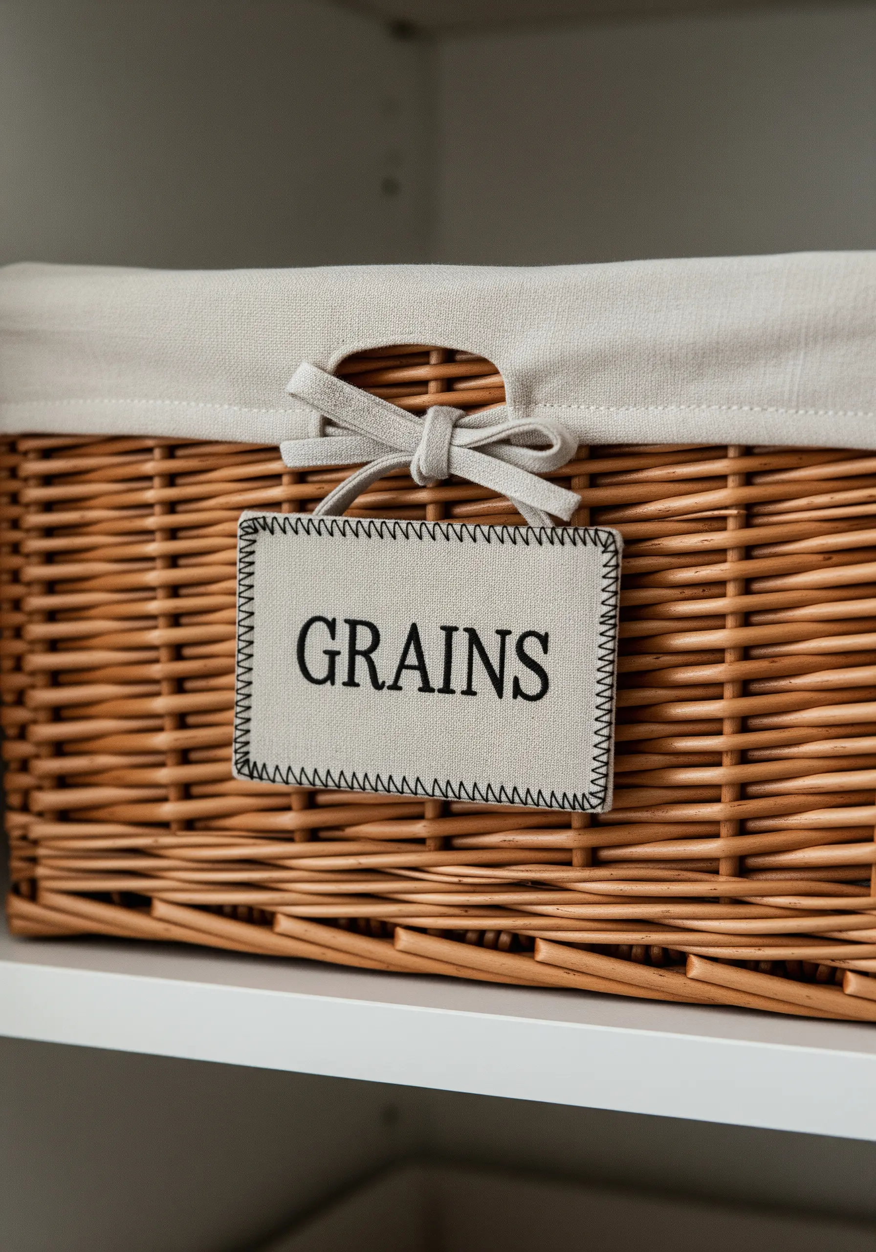 A fabric label with the word 'Grains' embroidered on it, attached to a wicker basket.