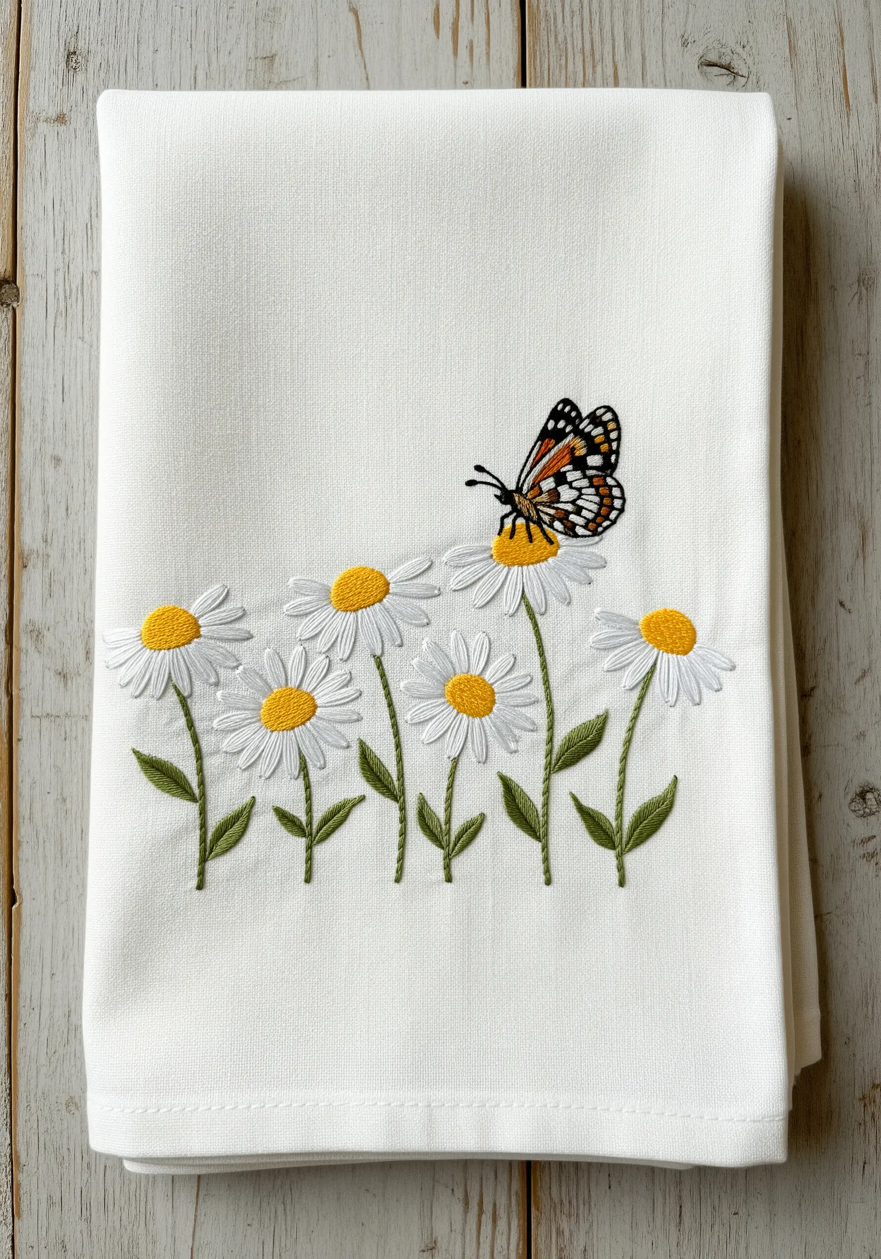 A clean line of embroidered daisies with a butterfly on a white cotton tea towel.