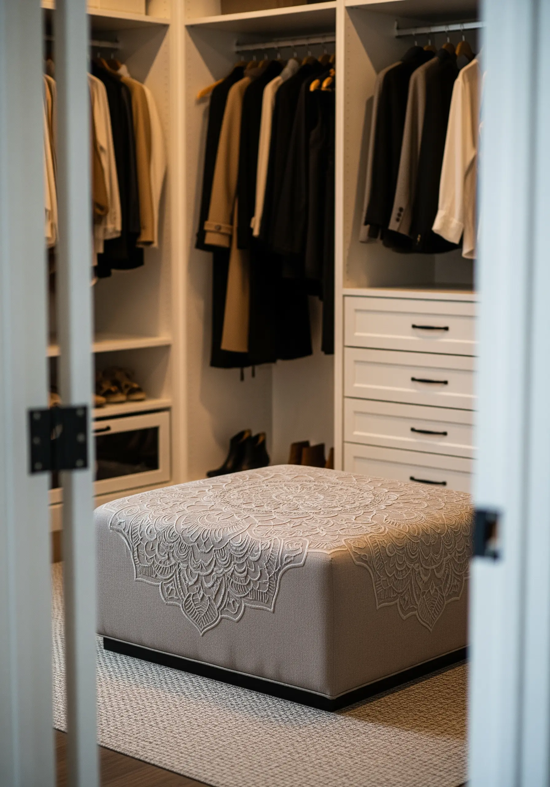 A square ottoman with a large embroidered mandala that flows from the top down the sides.