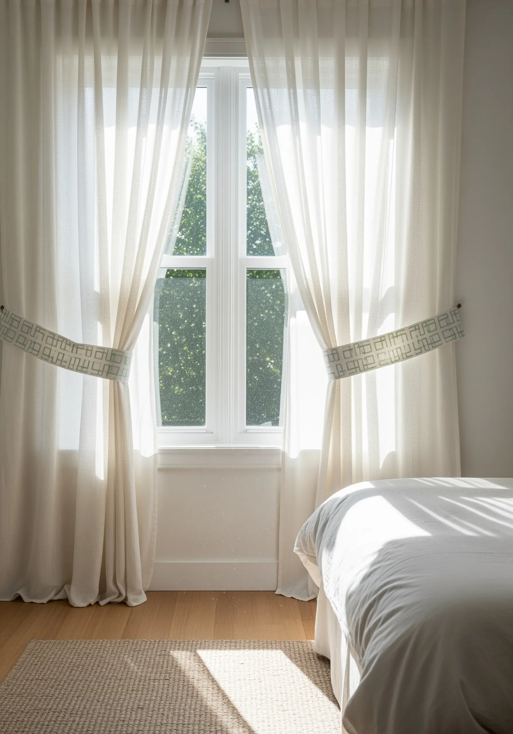 Embroidered curtain tie-backs with a repeating geometric square pattern in soft green and white.