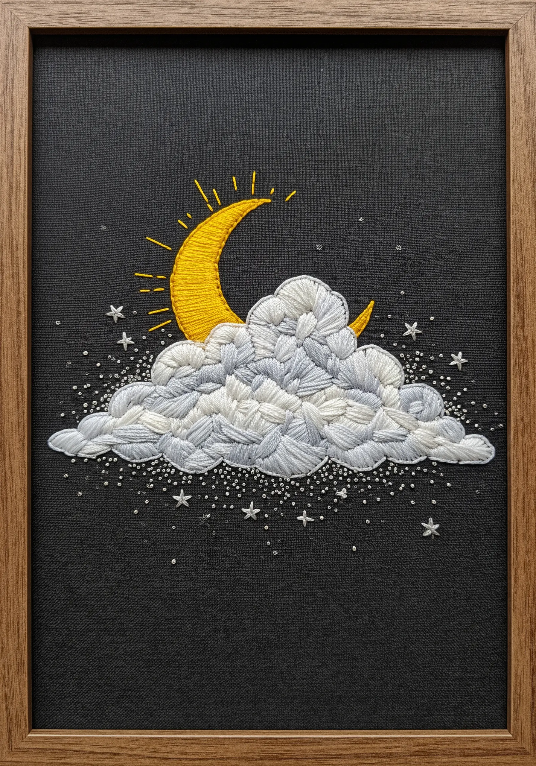 A satin-stitched moon and a fluffy cloud on black fabric, embellished with tiny beads.