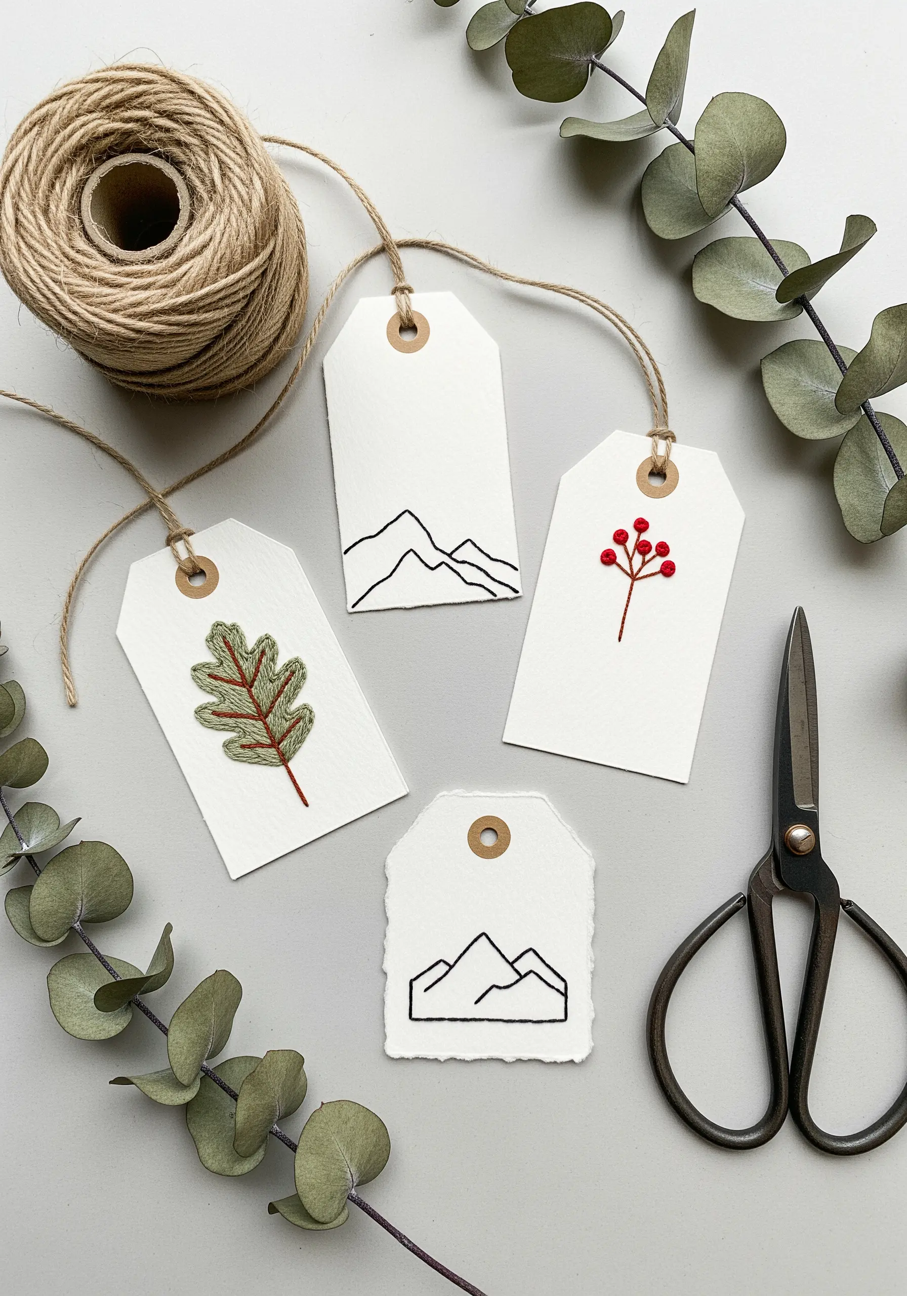 Four handmade paper gift tags with minimalist embroidery: mountains, berries, an oak leaf.