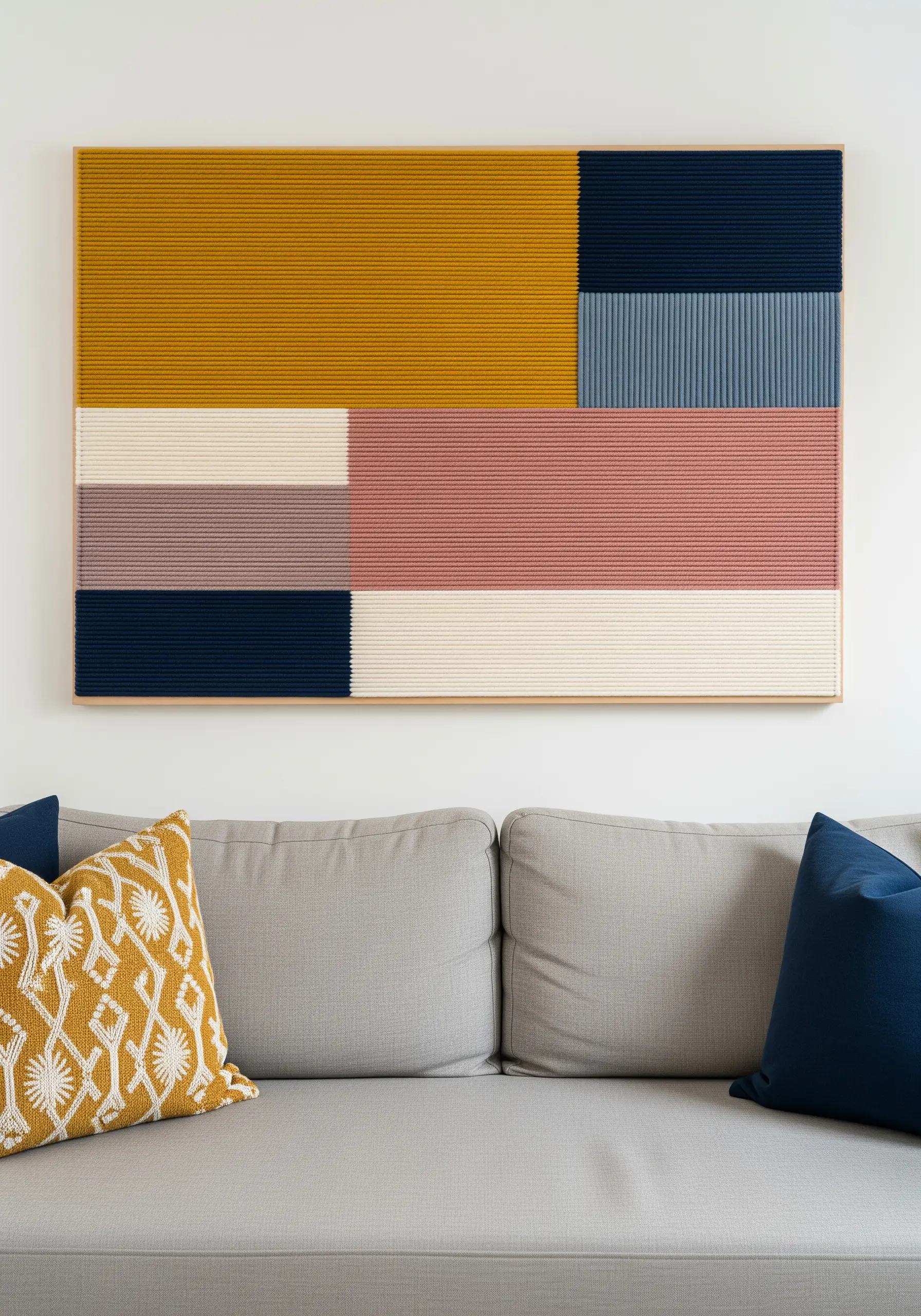 A large, framed color-block wall art piece made from tightly wrapped yarn in mustard, navy, and pink.
