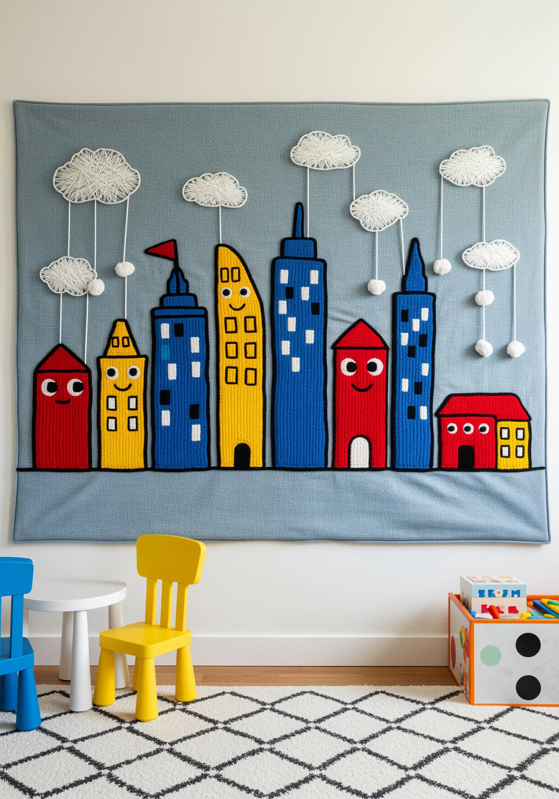 A playful, cartoon-style city skyline for a nursery, made with chunky, colorful yarn and hanging clouds.
