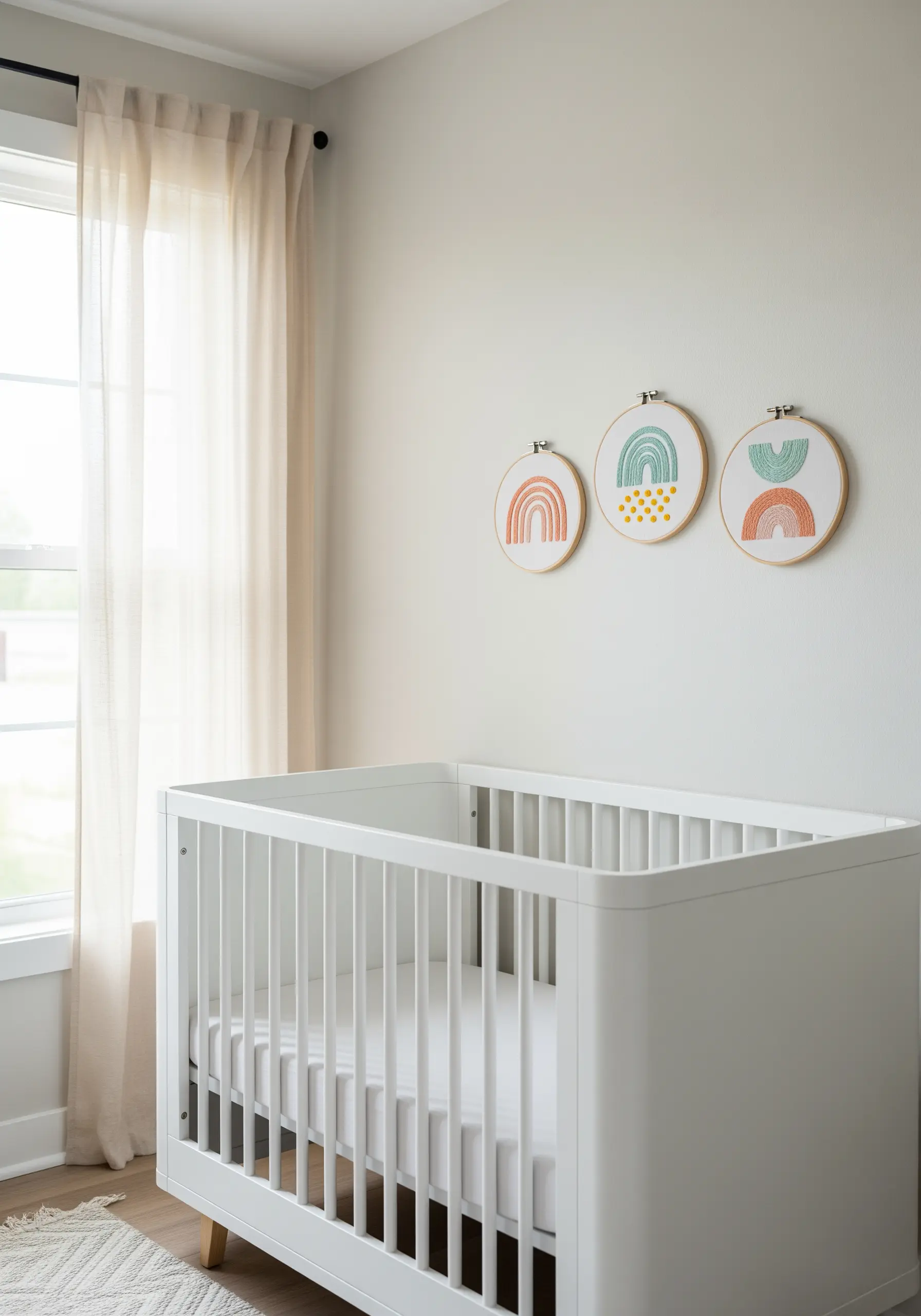 Three small embroidery hoops with minimalist, abstract rainbow designs in a nursery.