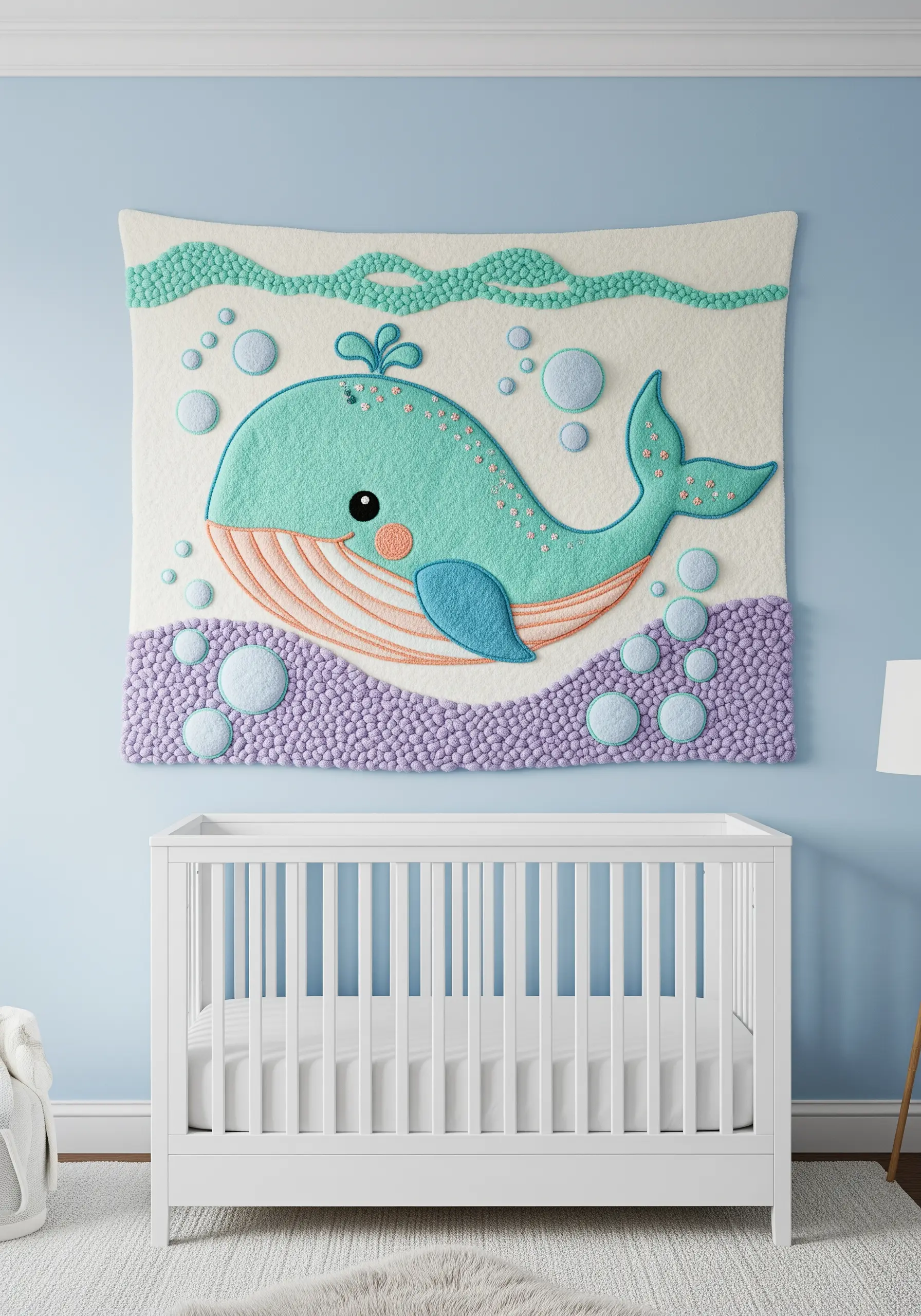 A soft, textural nursery wall hanging of a cute whale made with French knots and plush yarn.