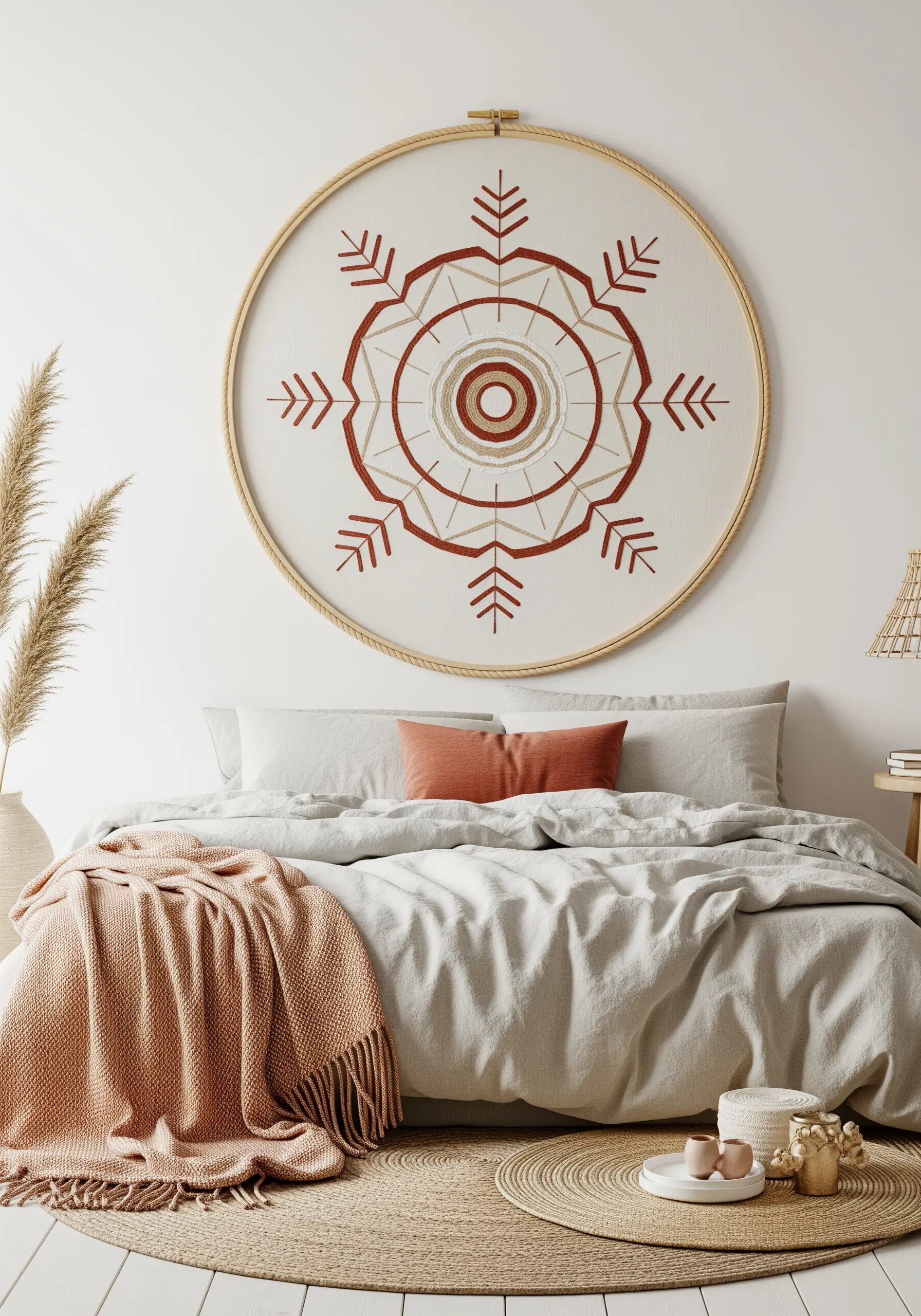 A large, oversized hoop with a symmetrical, boho-style mandala design.