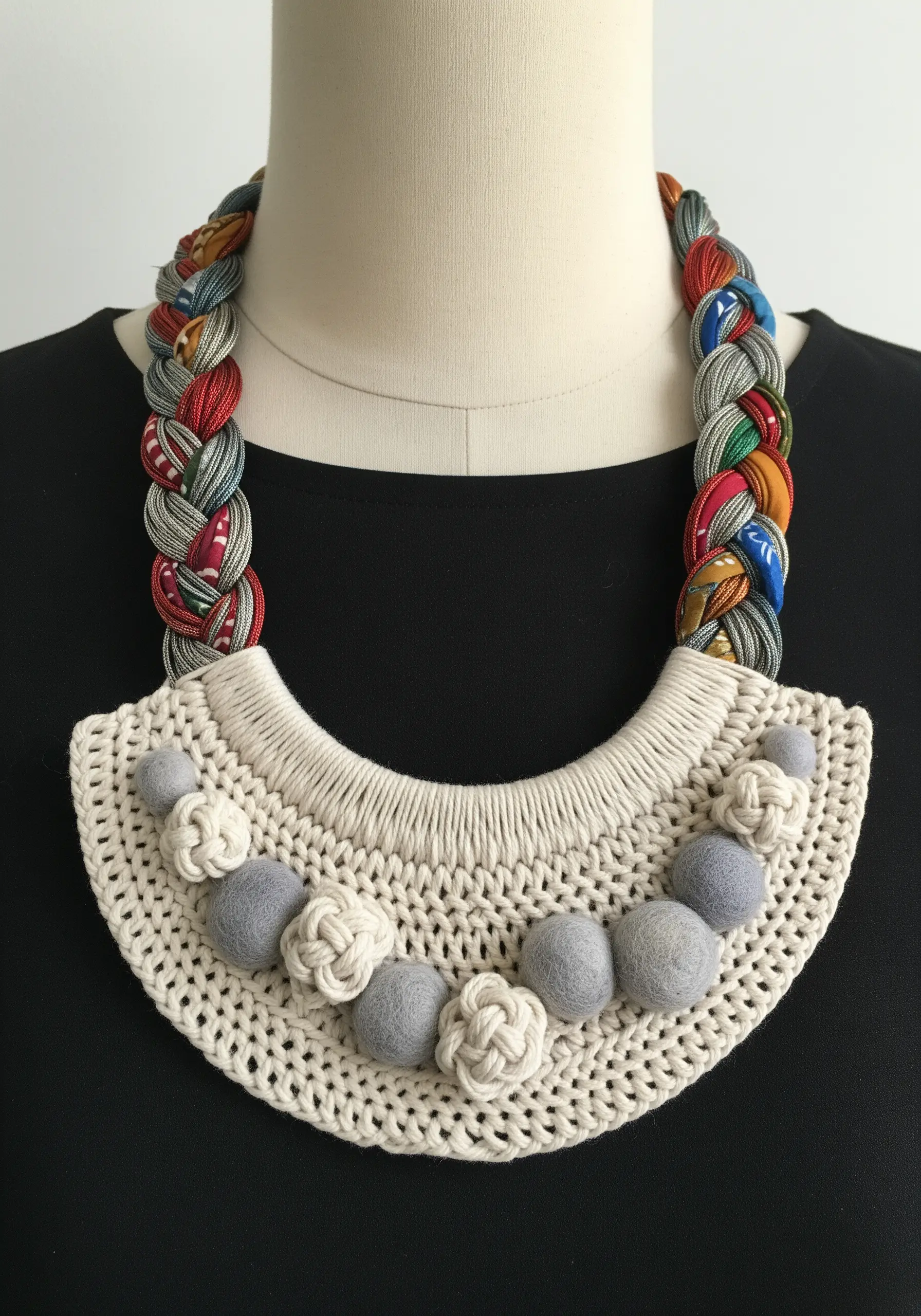 A statement necklace combining a crocheted bib, felted balls, and braided fabric cords.