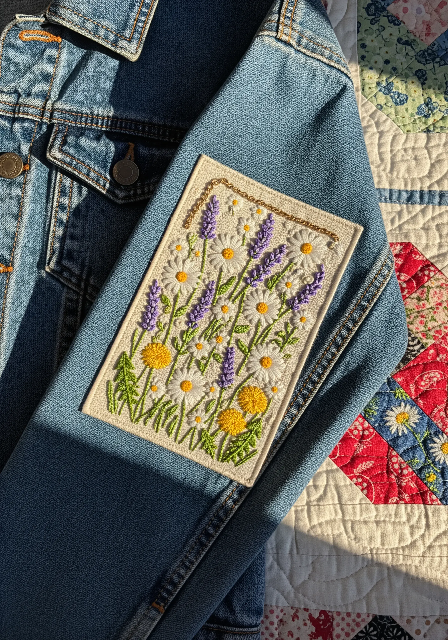 Embroidered wildflower patch with daisies, lavender, and dandelions on a denim jacket.