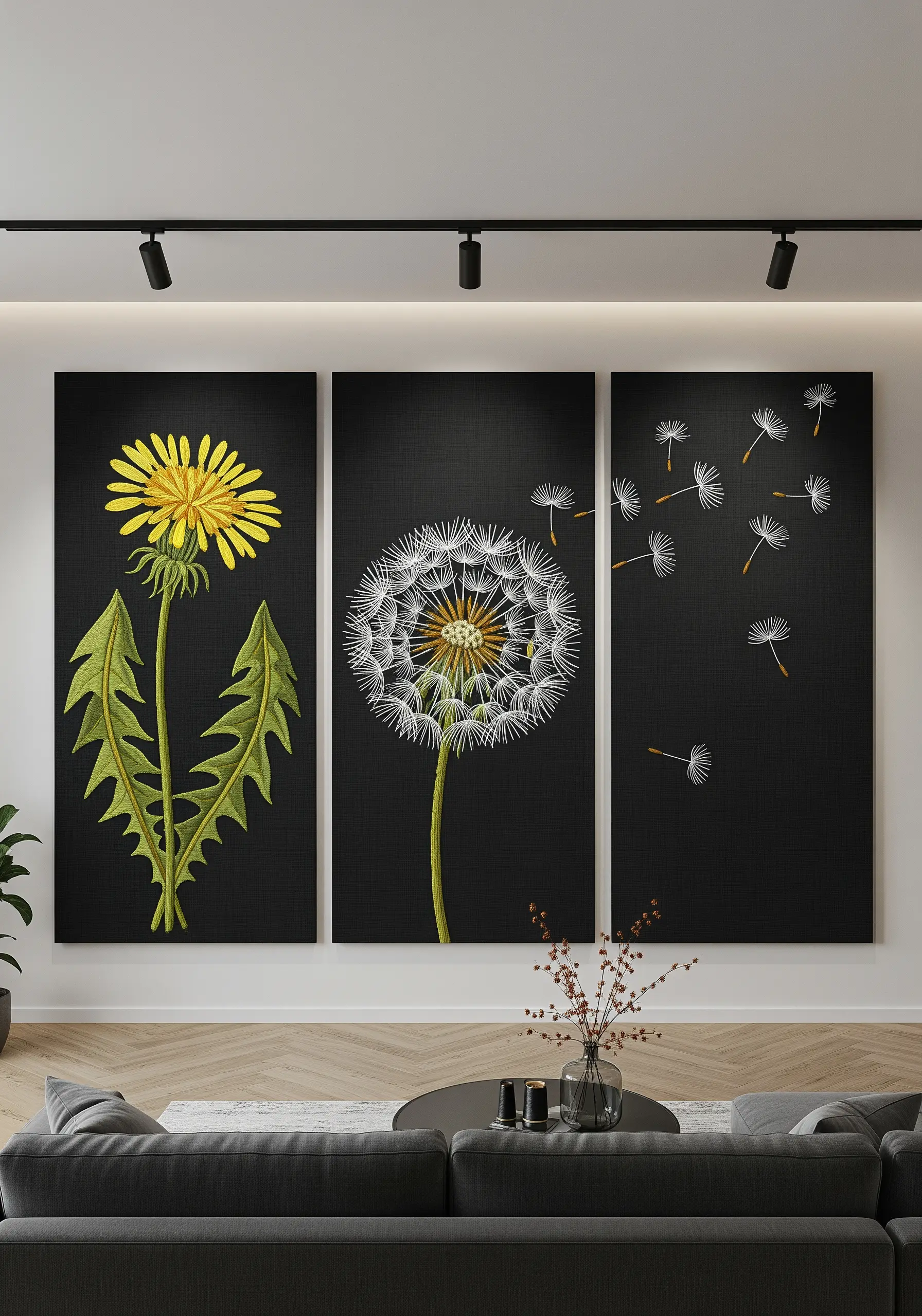 A three-panel wall art set showing a dandelion embroidered on black canvas.
