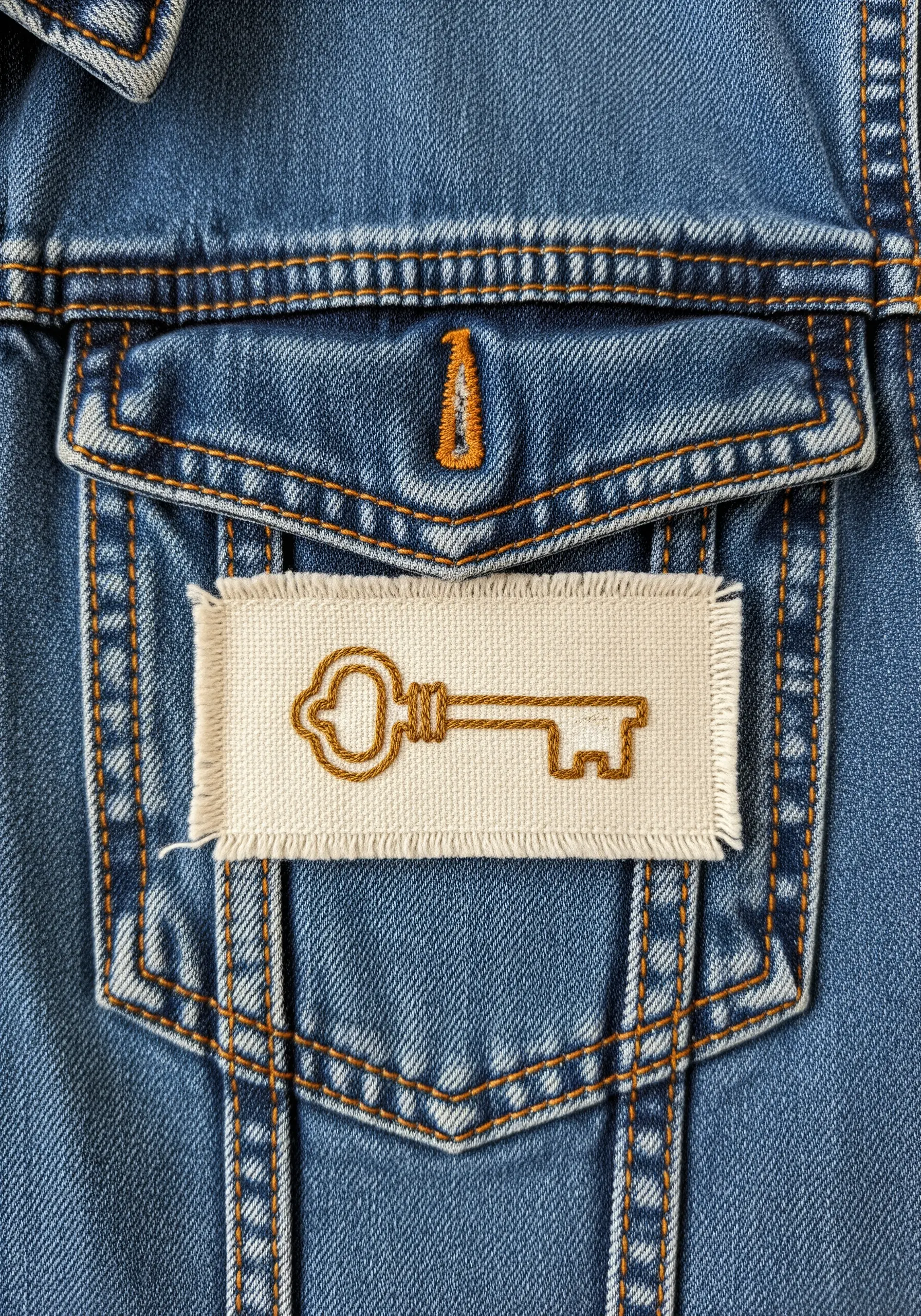 A hand-stitched patch with a key motif and frayed edges on a denim jacket pocket.