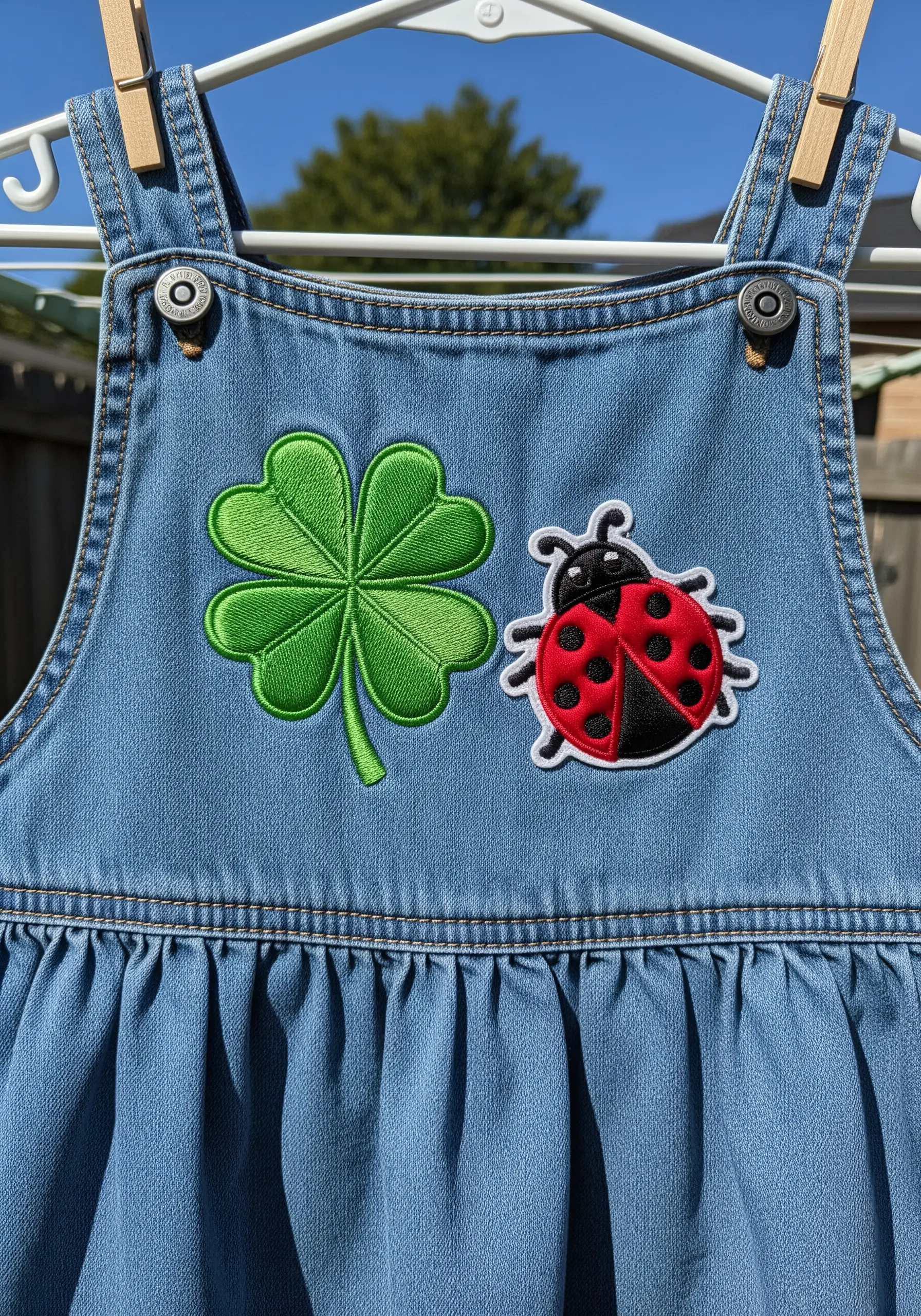 Two embroidered patches, a four-leaf clover and a ladybug, on a child's denim dress.