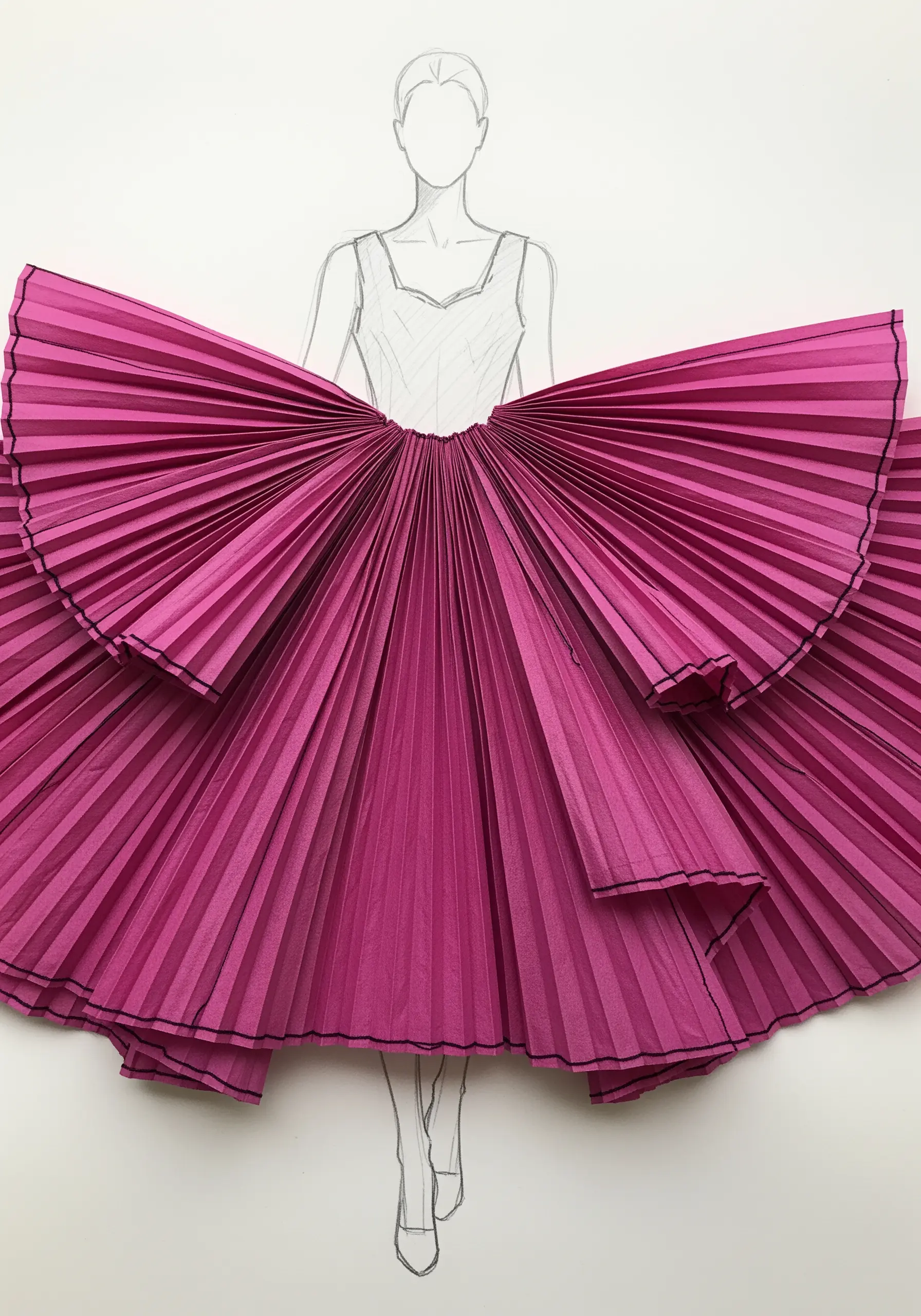 A fashion illustration with a large, 3D pleated pink paper skirt stitched onto the drawing.