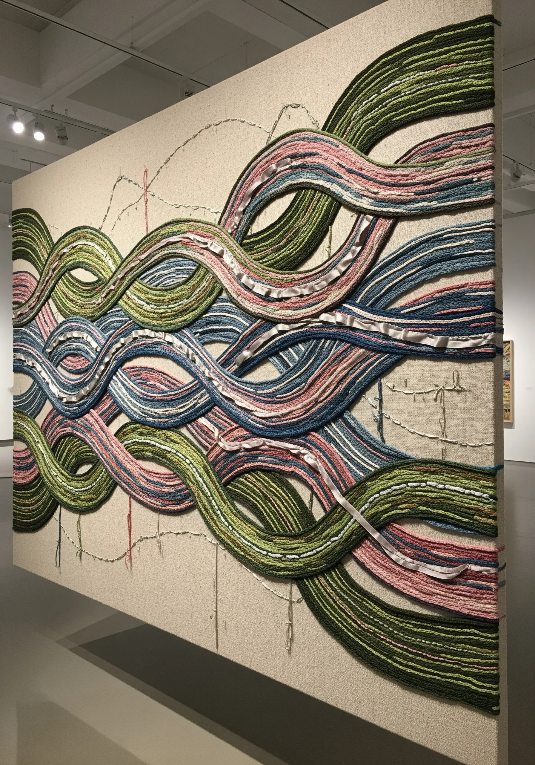 Large-scale fiber art installation with interwoven green, blue, and pink yarns and ribbons.