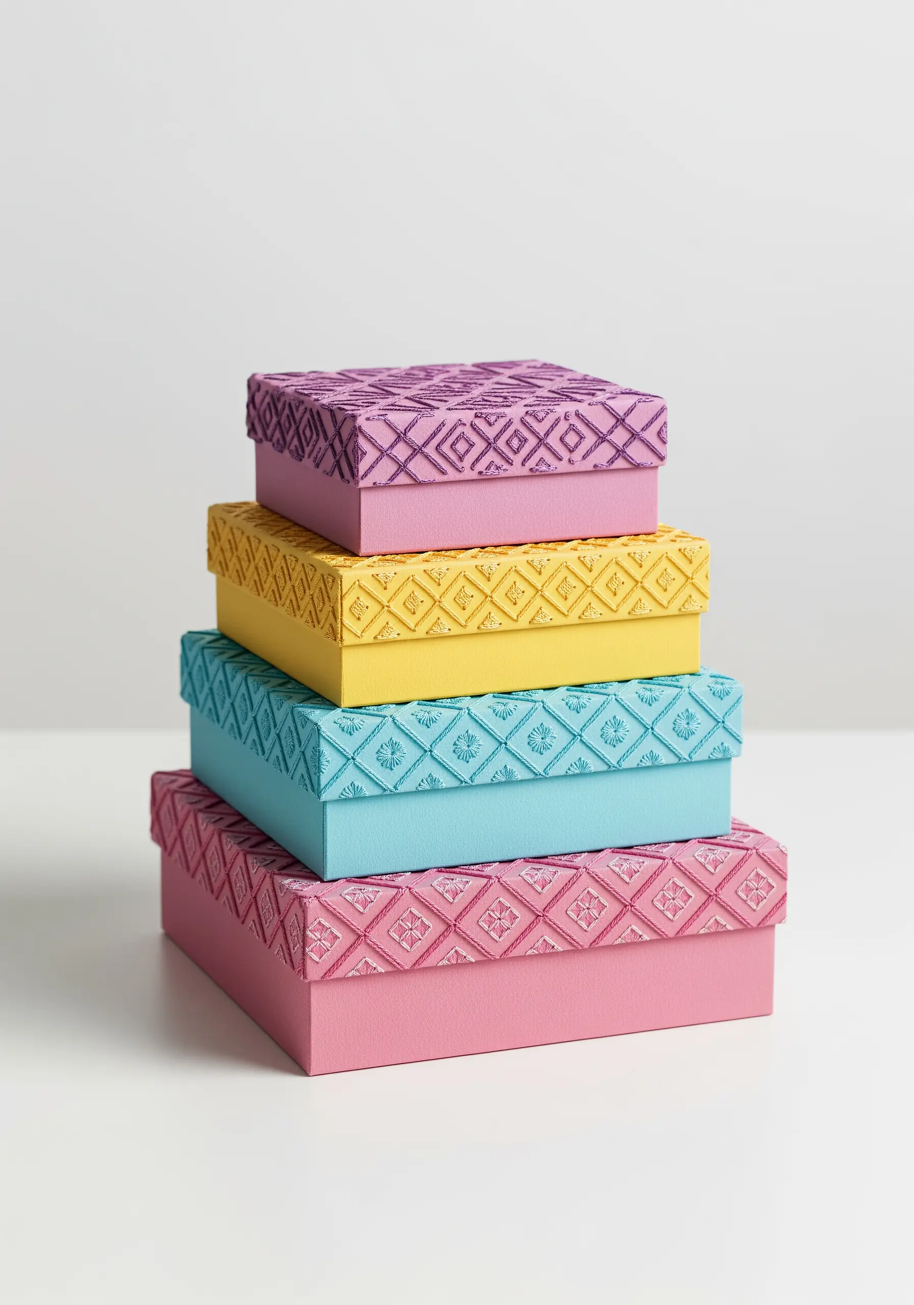 A stack of colorful keepsake boxes with lids featuring geometric tonal embroidery.