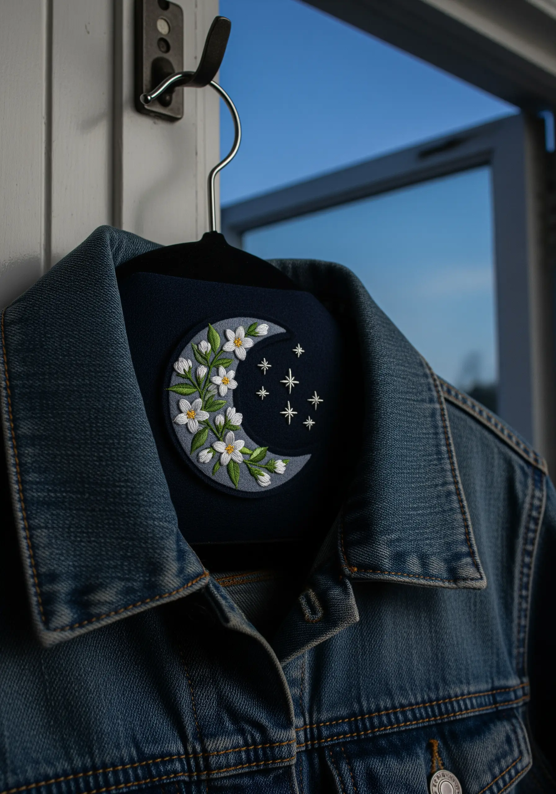 Embroidered patch of a crescent moon filled with white blossoms and stars on a navy background.