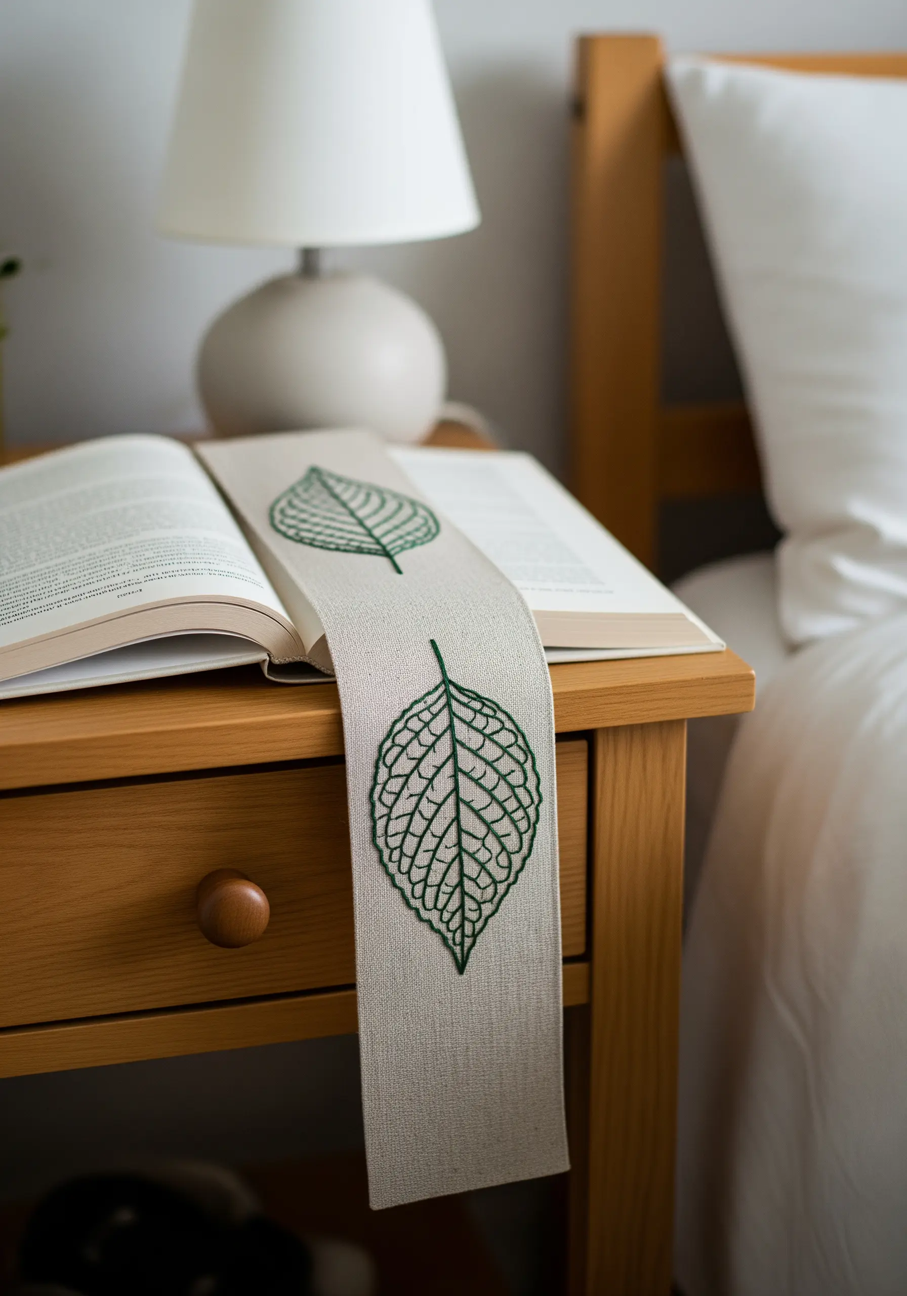 A linen bookmark embroidered with two detailed, dark green leaf skeletons, resting on an open book.