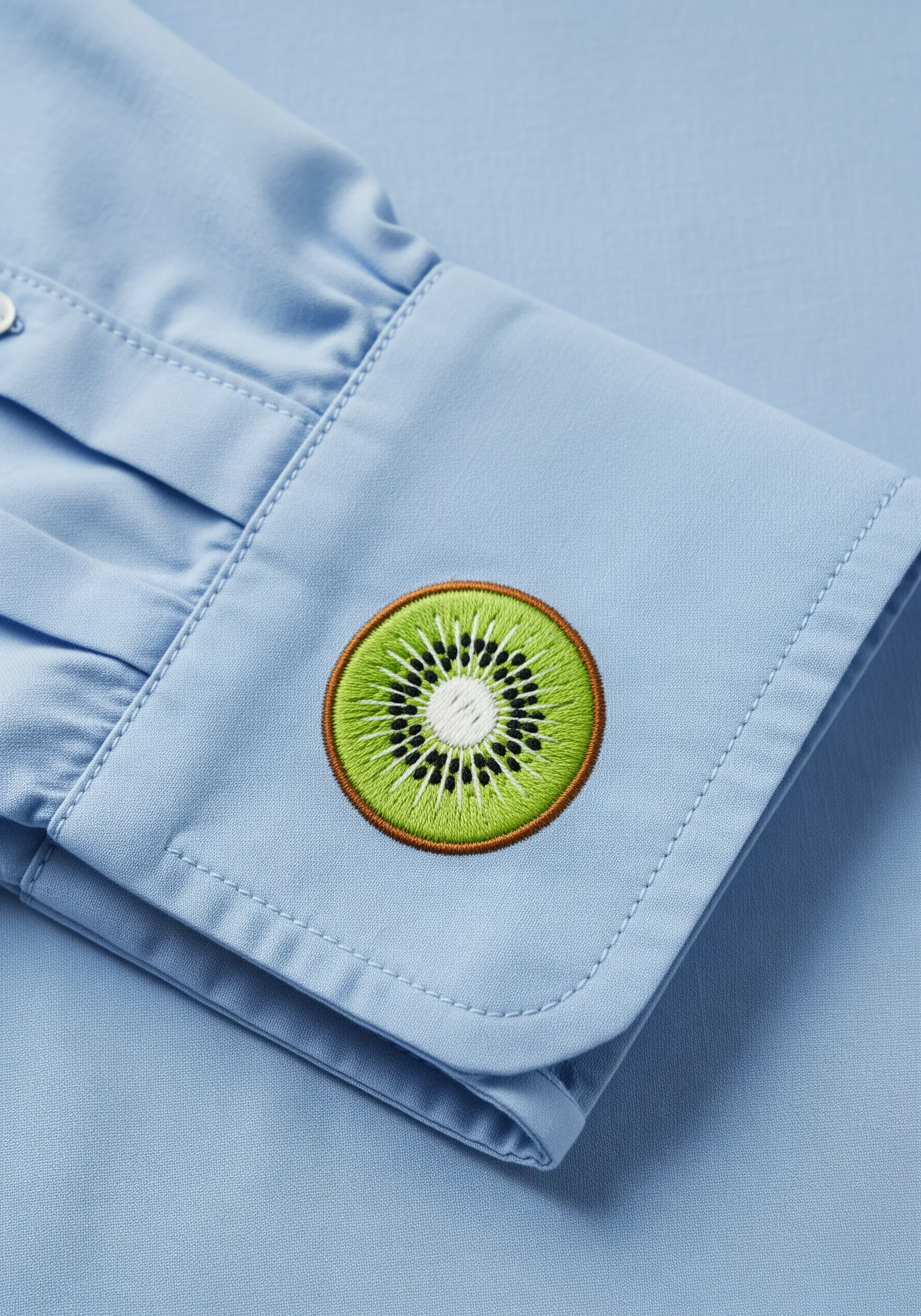 A realistic kiwi slice embroidered on the cuff of a light blue dress shirt.