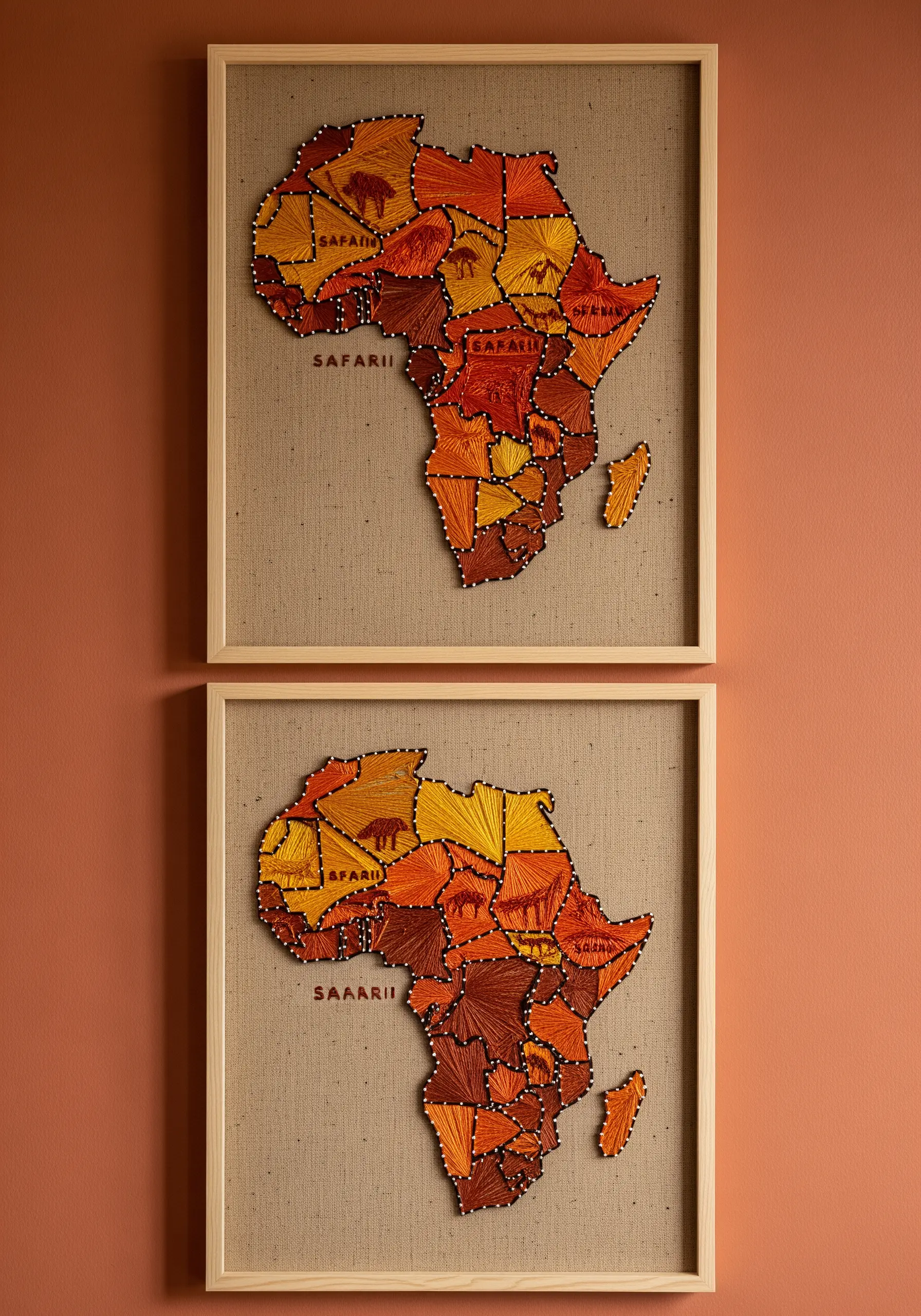Two framed string art maps of Africa using a warm, earthy color palette of oranges and browns.