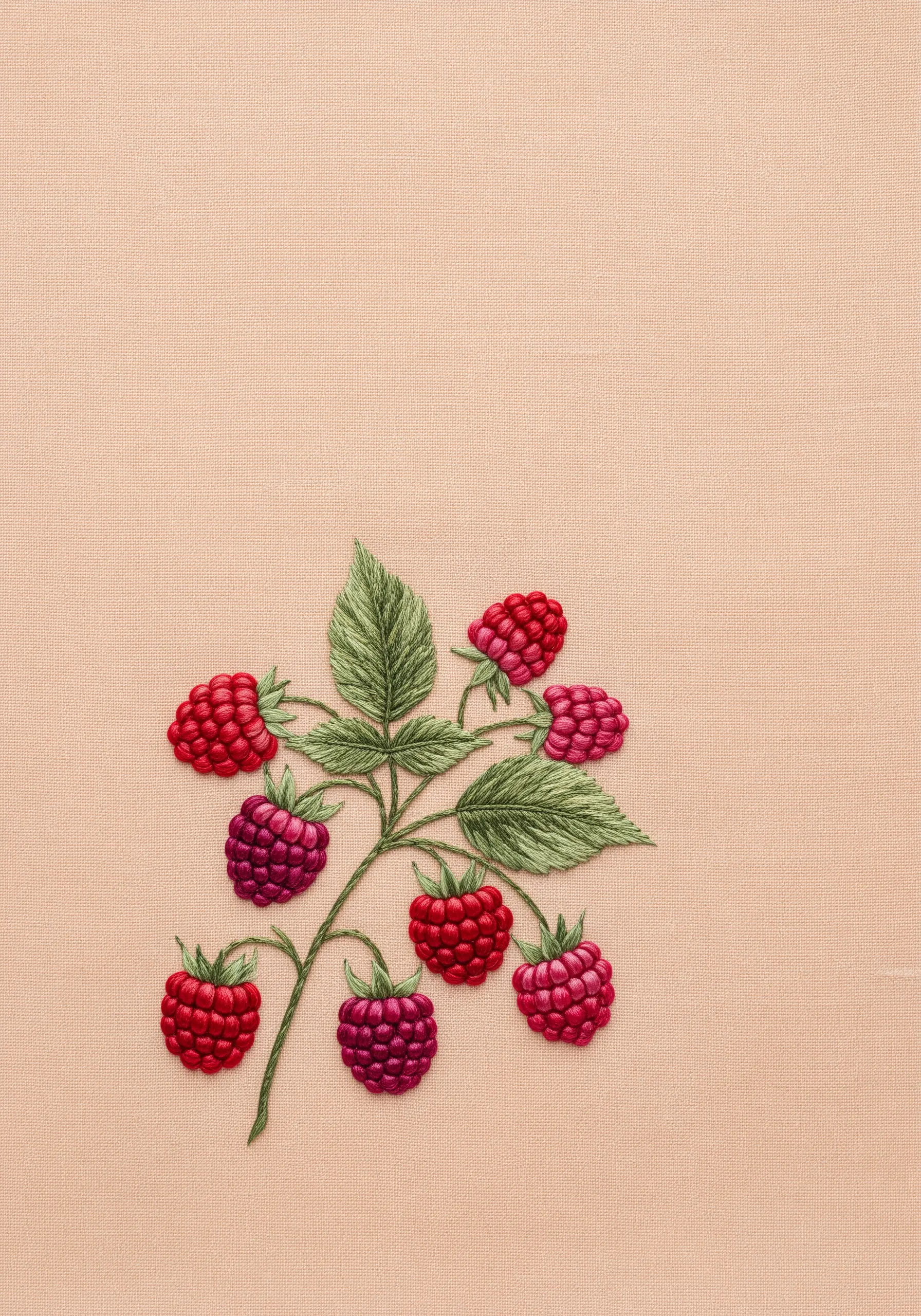 A realistic branch of raspberries embroidered with textured knots and fishbone stitch leaves.