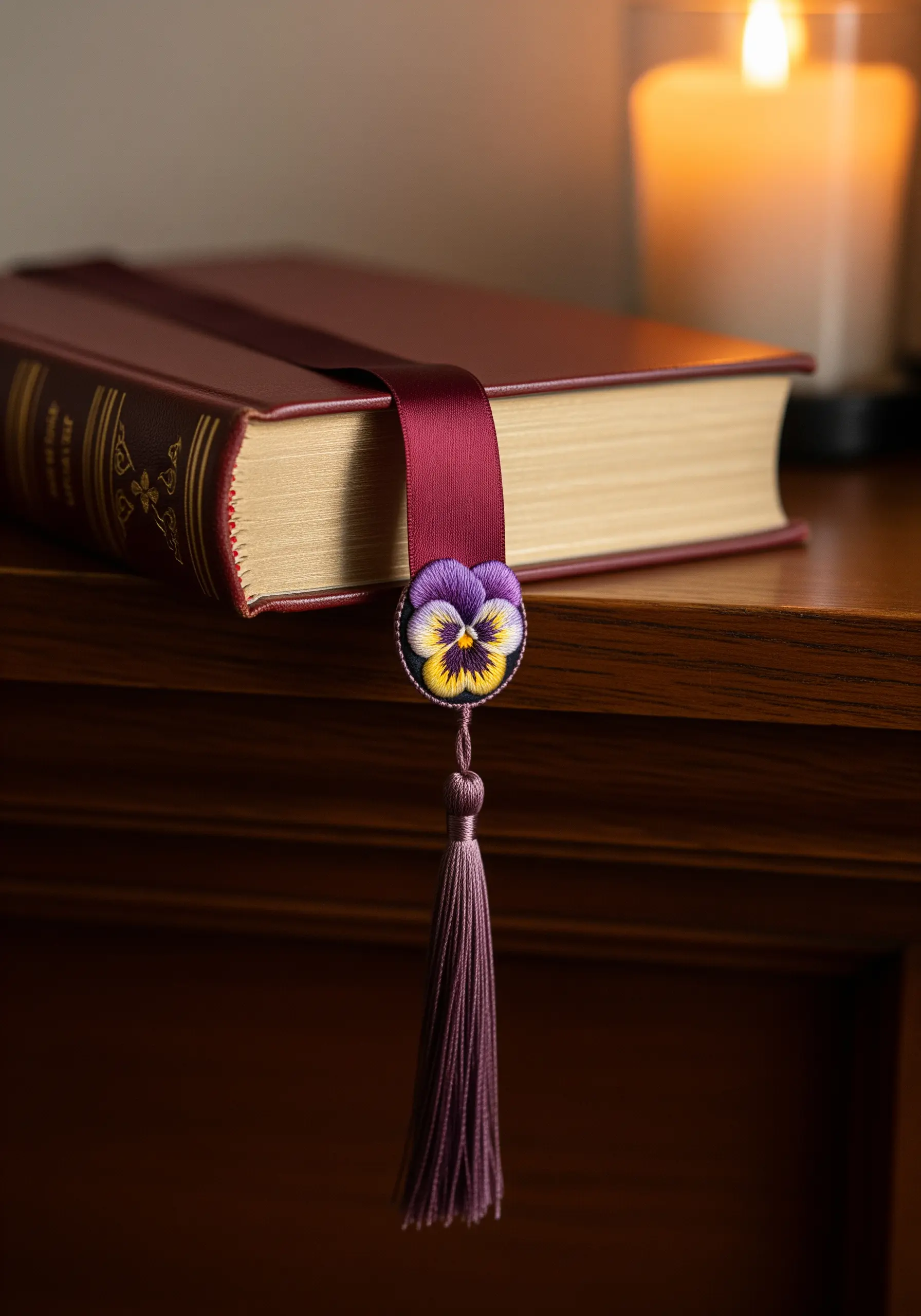 A detailed, thread-painted pansy on a button-style bookmark with a purple tassel.