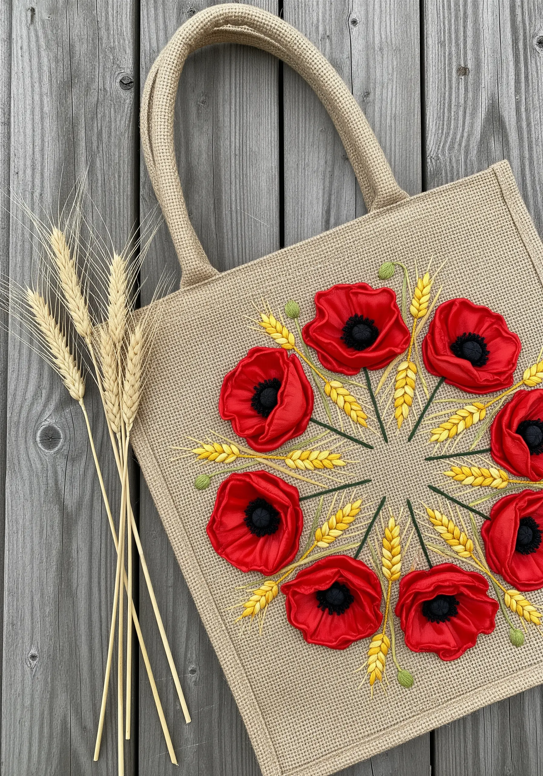 A mandala of red silk ribbon poppies and embroidered yellow wheat stalks on a burlap tote bag.