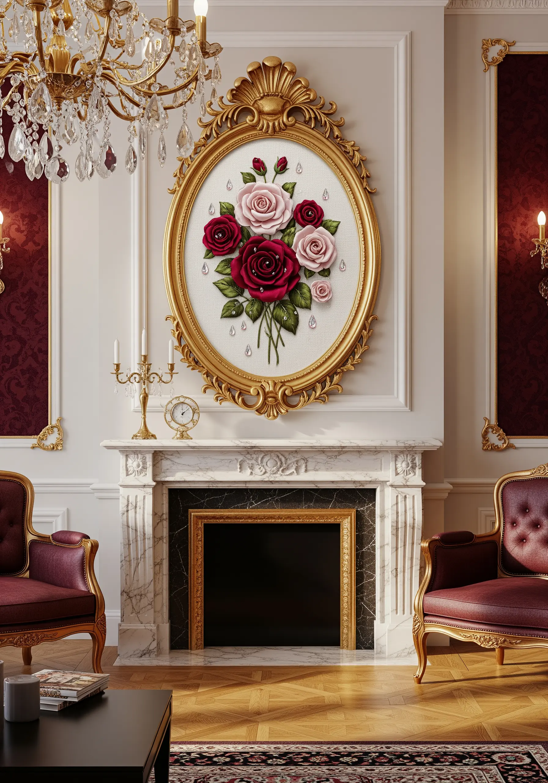 Embroidery of red and pink 3D roses arranged in a bouquet within a gold oval frame.