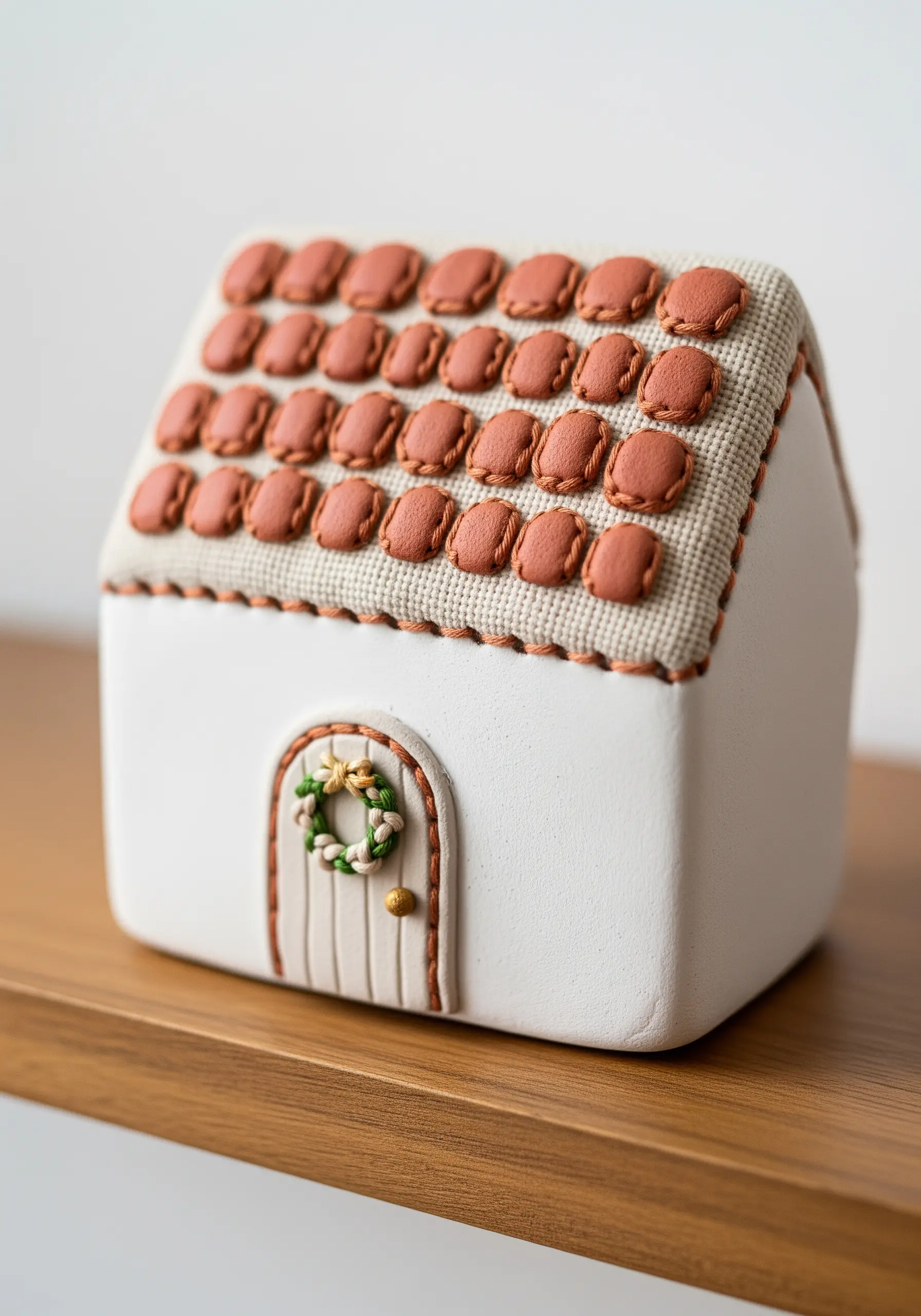 A small, house-shaped object with 3D padded roof tiles and a tiny embroidered wreath.