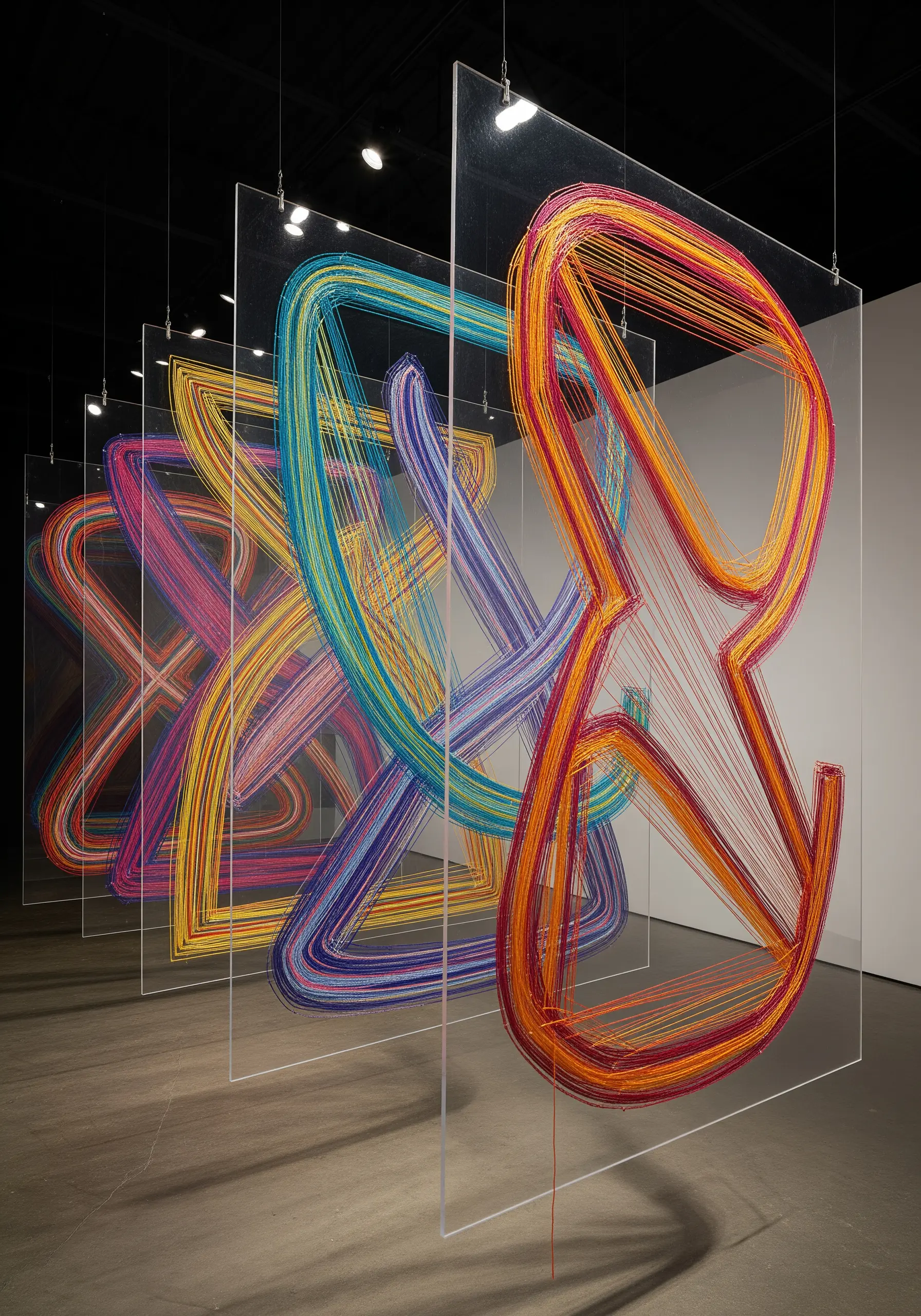 Colorful thread stretched between multiple clear acrylic panels to create a 3D abstract shape.
