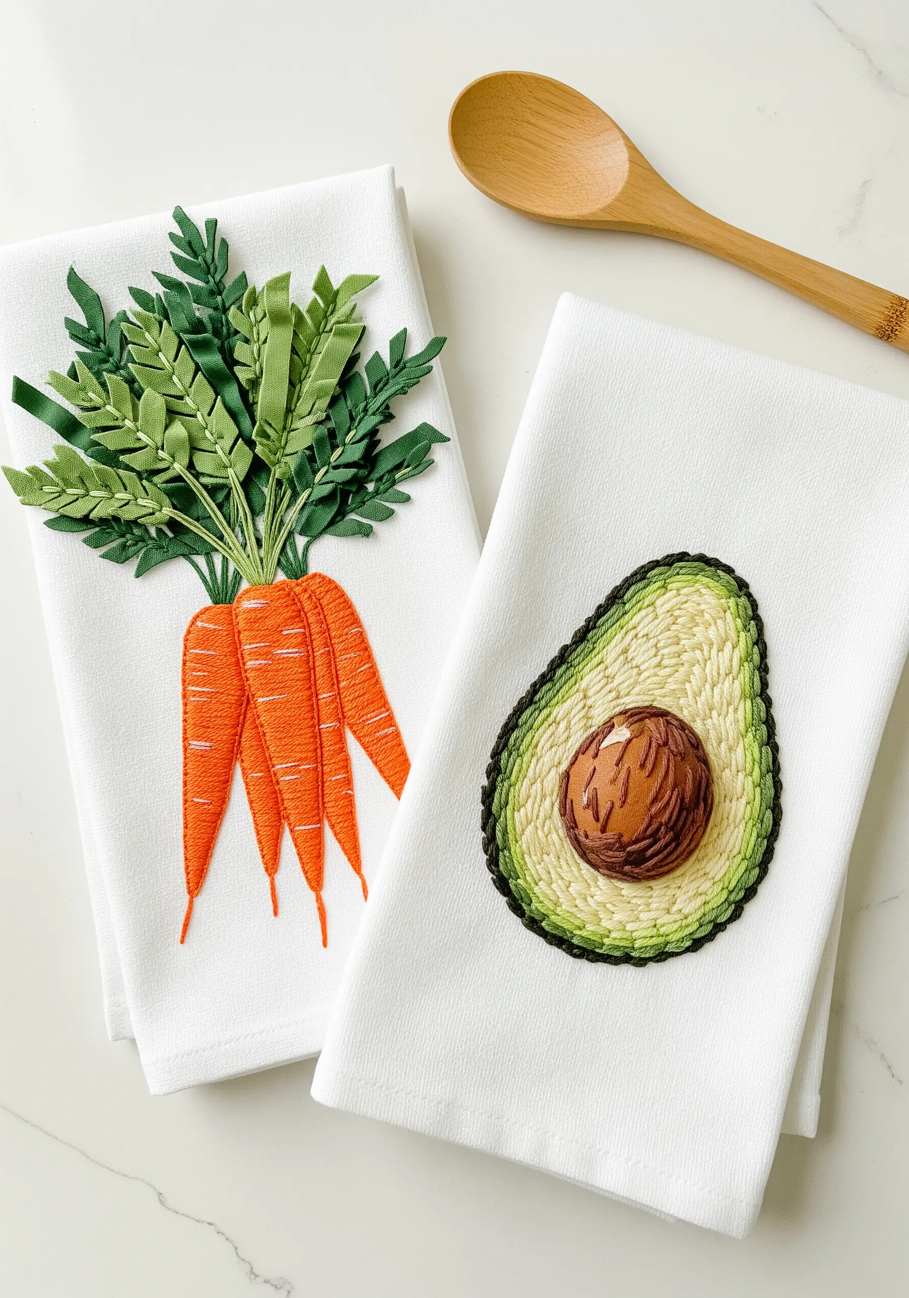 Two kitchen towels, one with an embroidered avocado and another with carrots with 3D ribbon tops.