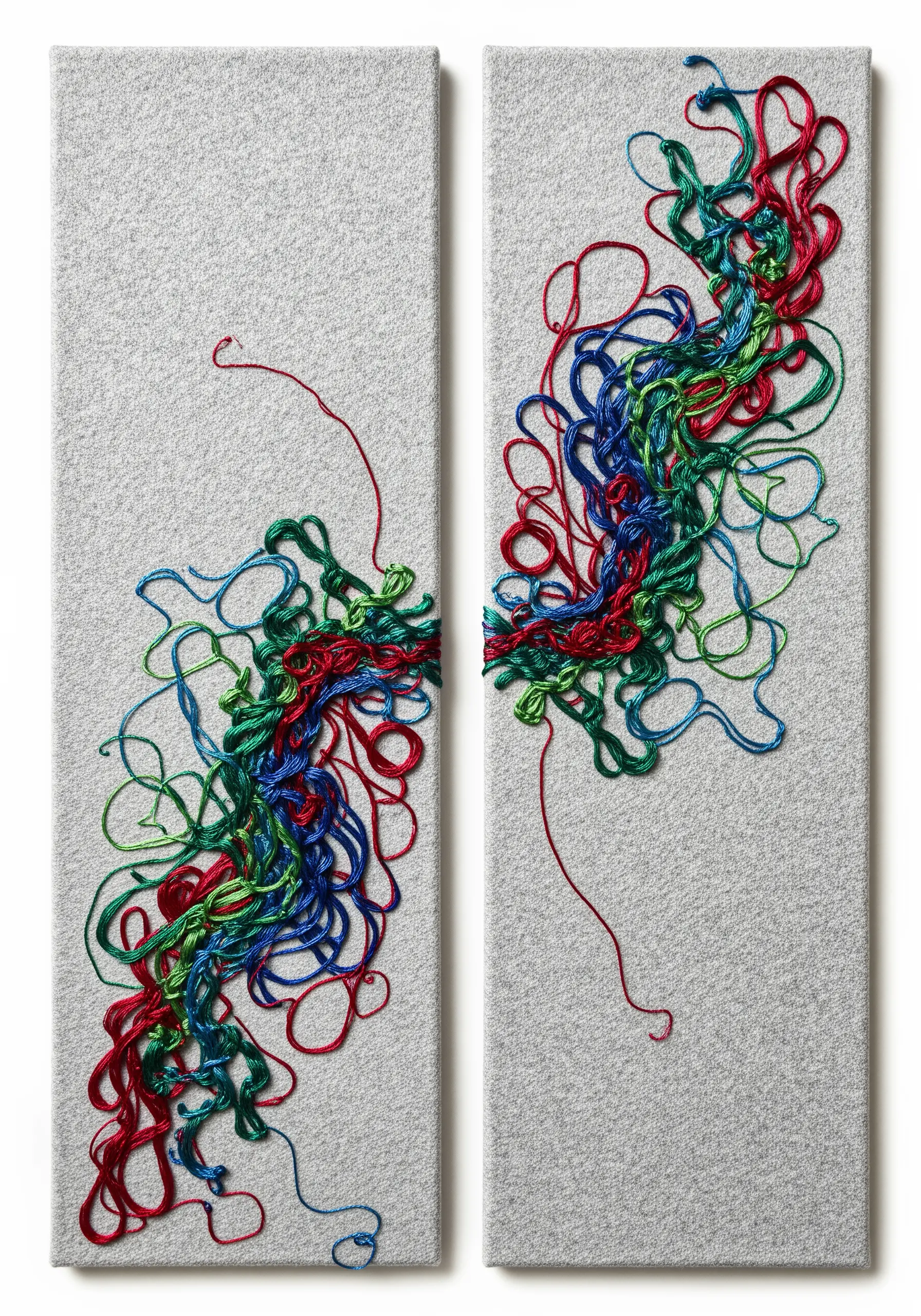A two-panel artwork with red, green, and blue threads flowing between the canvases.